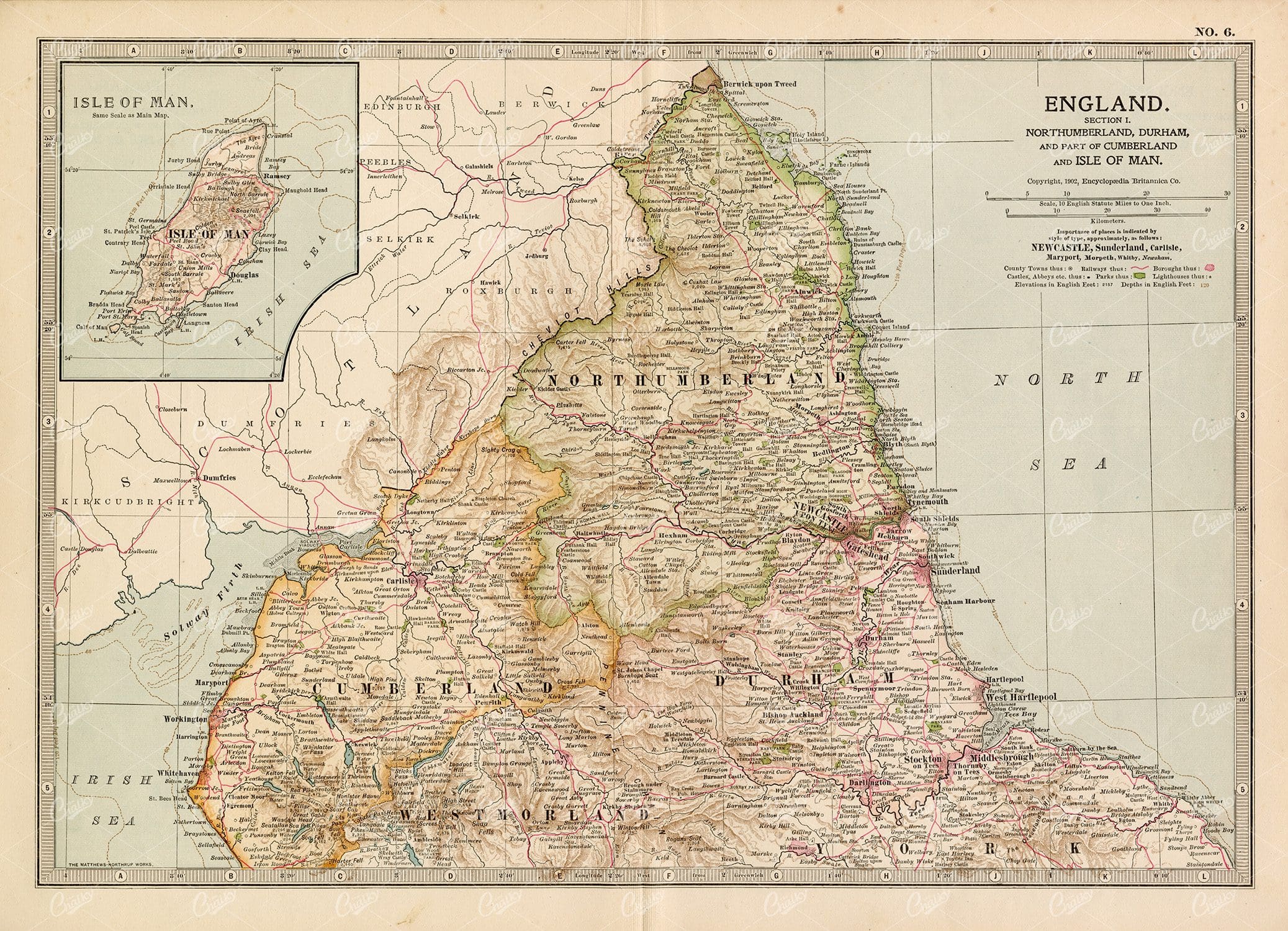 VINTAGE Map of England, Section I - 1902 Encyclopedia Britannica