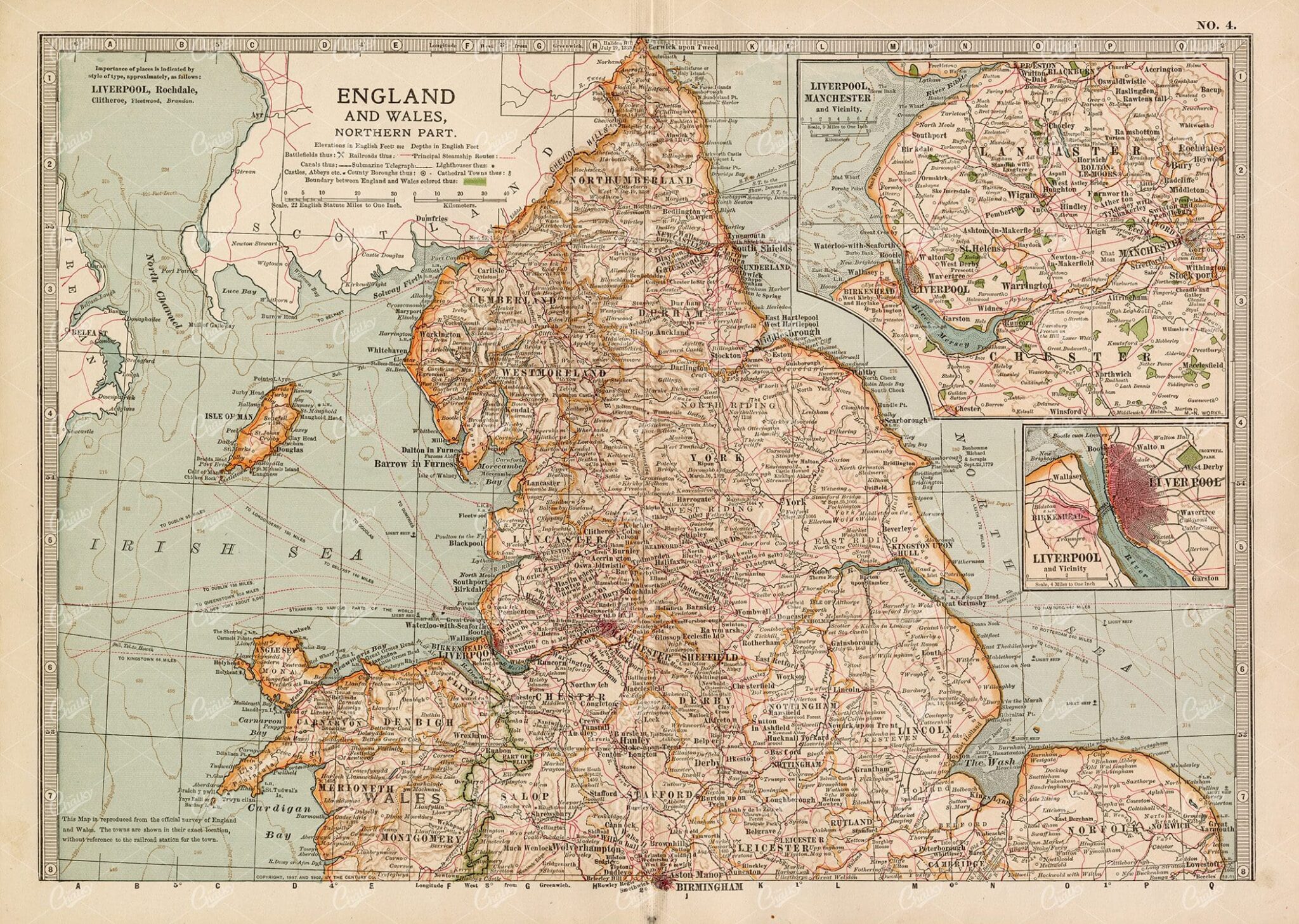 VINTAGE Map of England and Wales, Northern Part - 1902 Antique Print