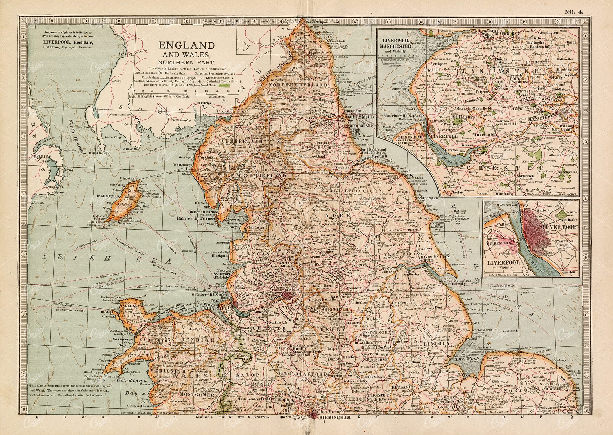 VINTAGE Map of England and Wales, Northern Part - 1902 Antique Print