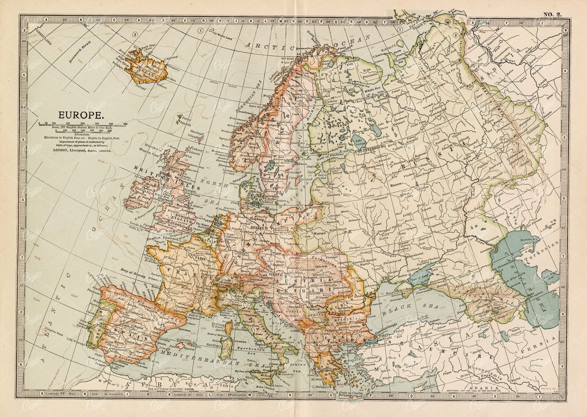 1902 ANTIQUE Map of Europe - Encyclopedia Britannica
