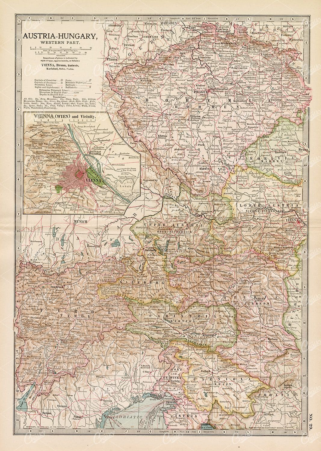 VINTAGE Map of Austria-Hungary, Western Part - 1902 Antique Print