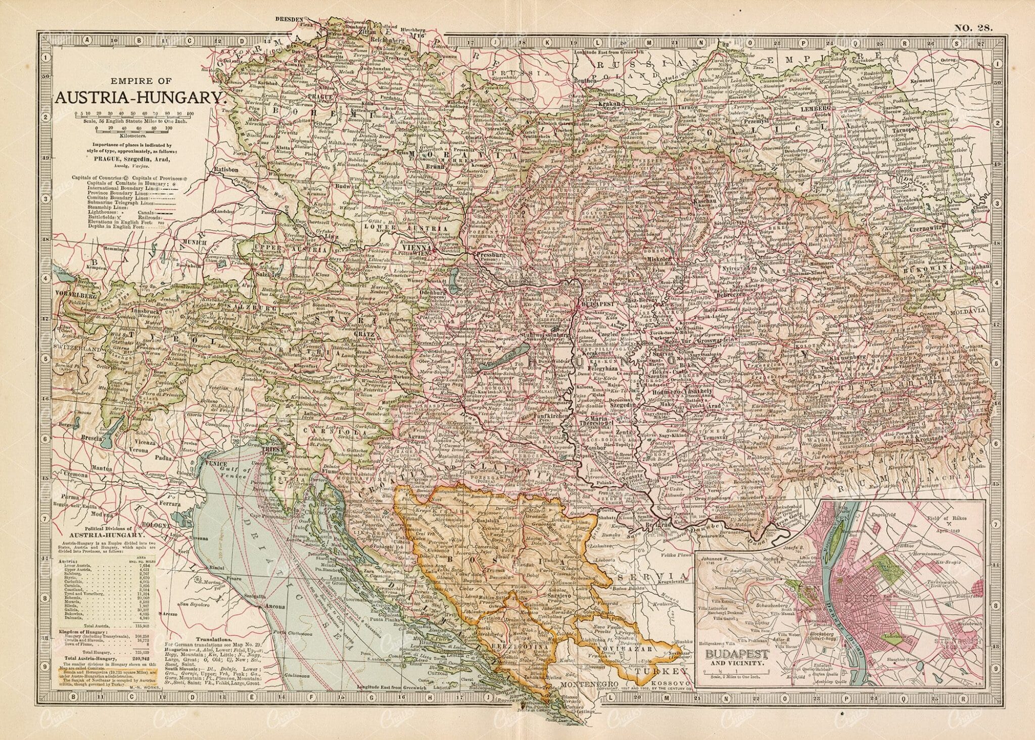 1902 VINTAGE Map of the Empire of Austria-Hungary