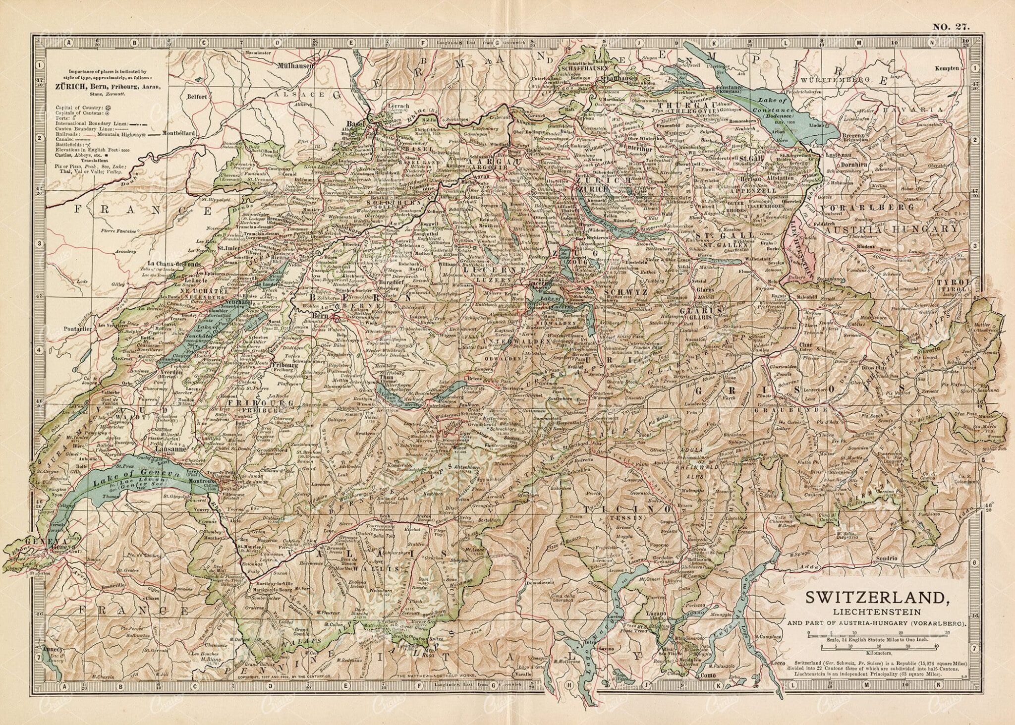 1902 VINTAGE Map of Switzerland and Liechtenstein