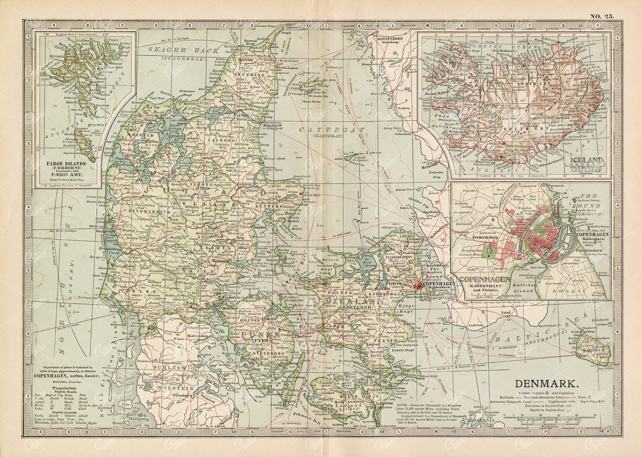 VINTAGE Map of Denmark and Iceland - 1902 Encyclopedia Britannica