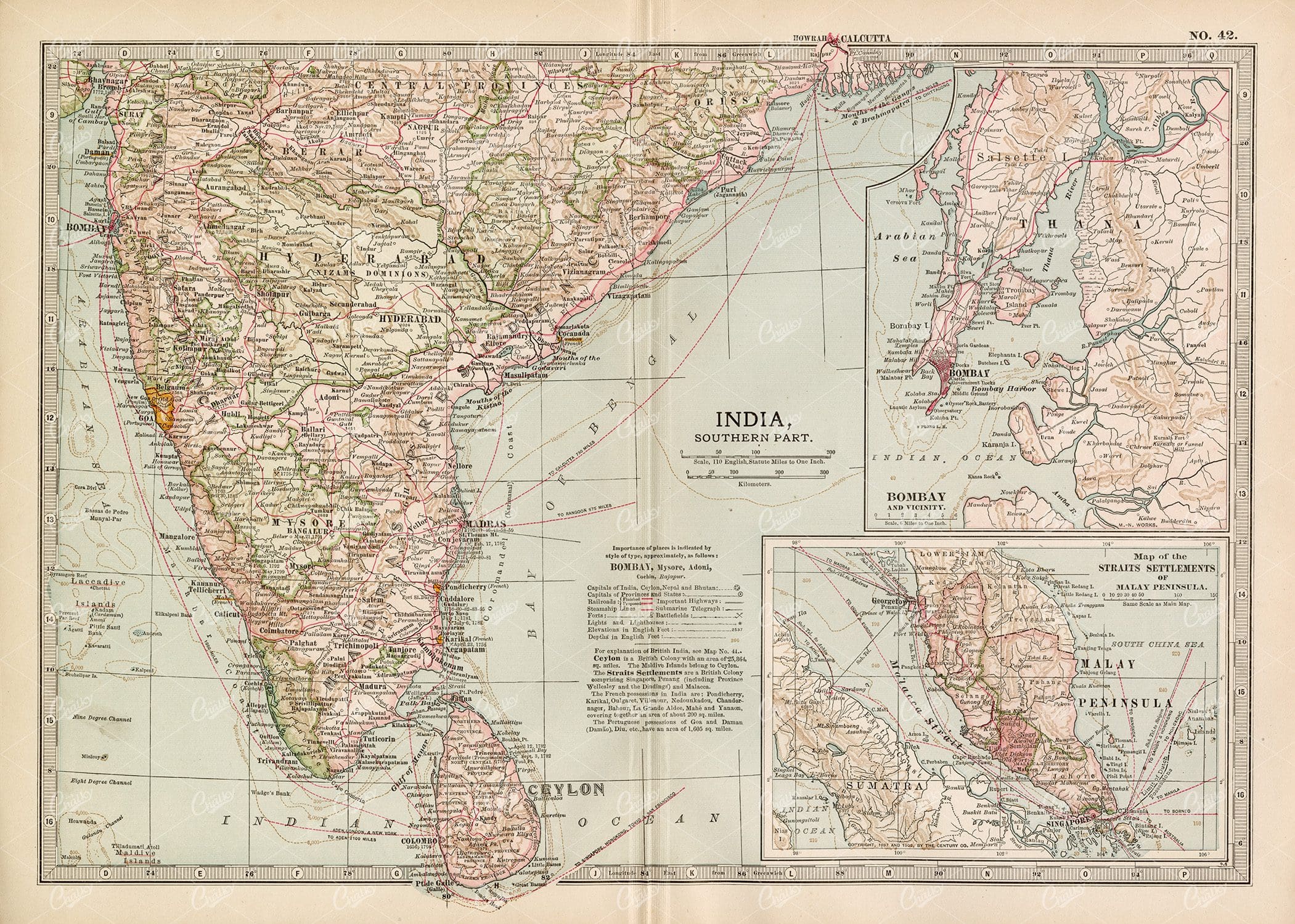 VINTAGE Map of India, Southern Part - 1902 Encyclopedia Britannica