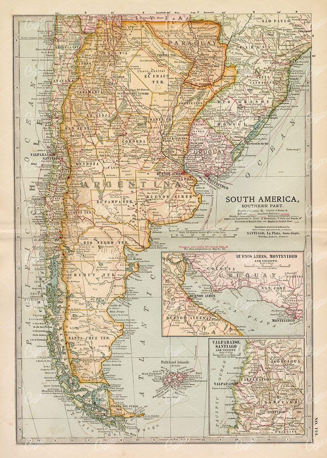 1902 ANTIQUE Map of South America, Southern Part