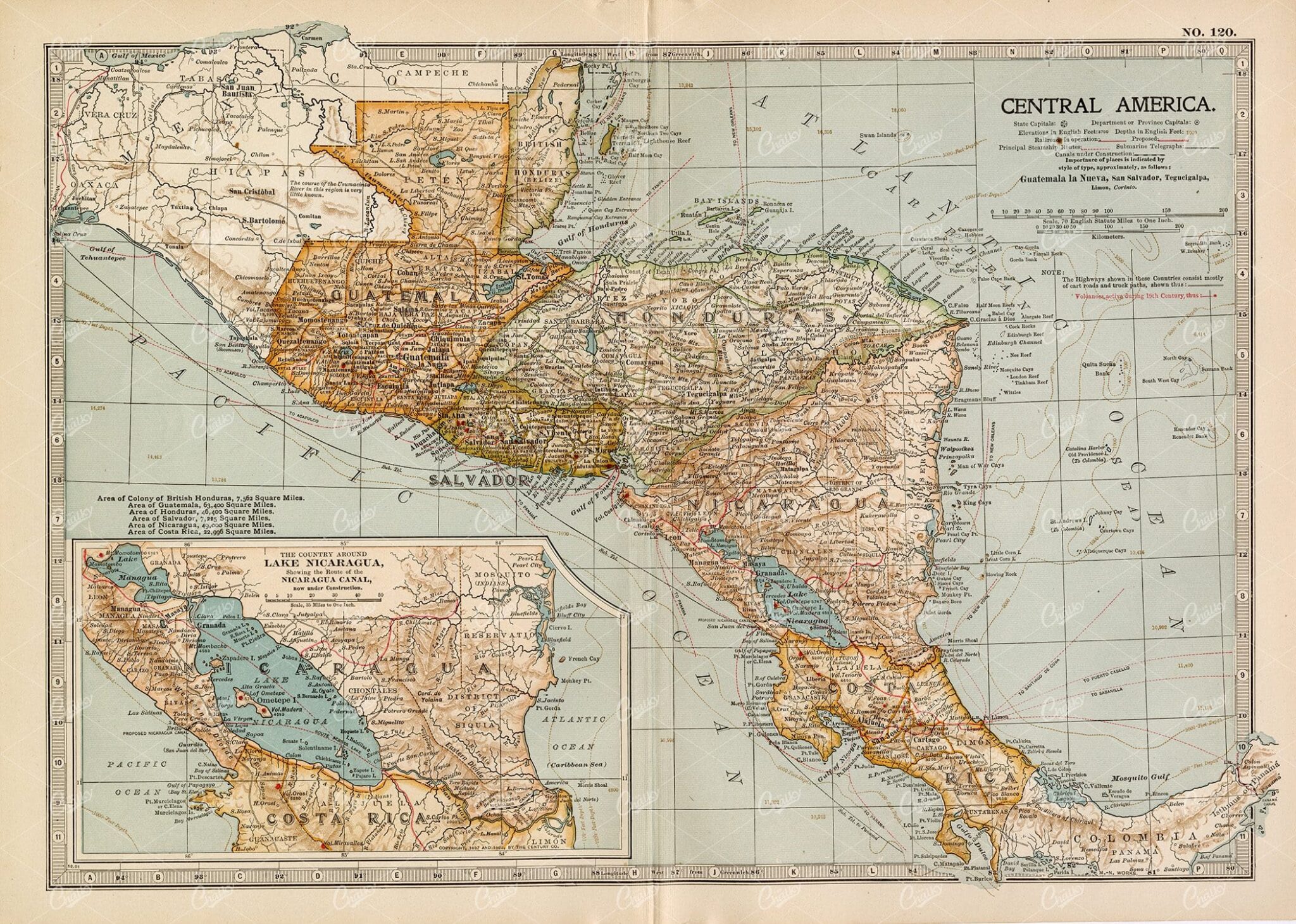 VINTAGE Map of Central America - 1902 Antique Print