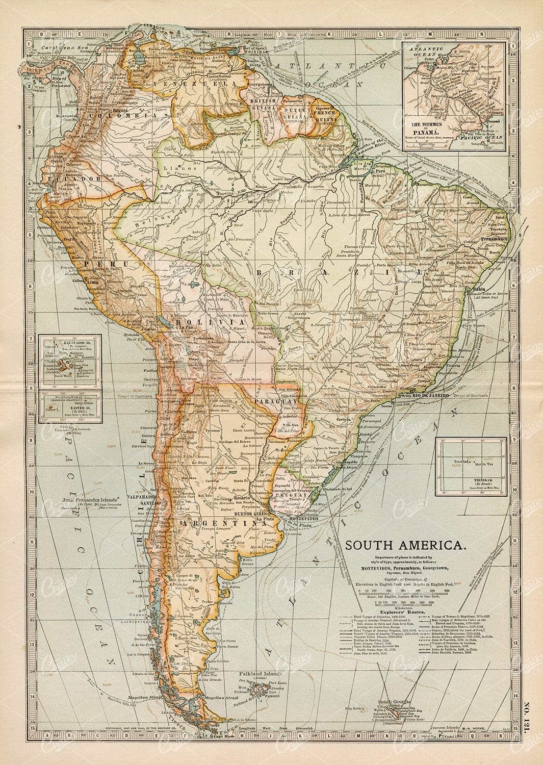 VINTAGE Map of South America - 1902 Antique Print