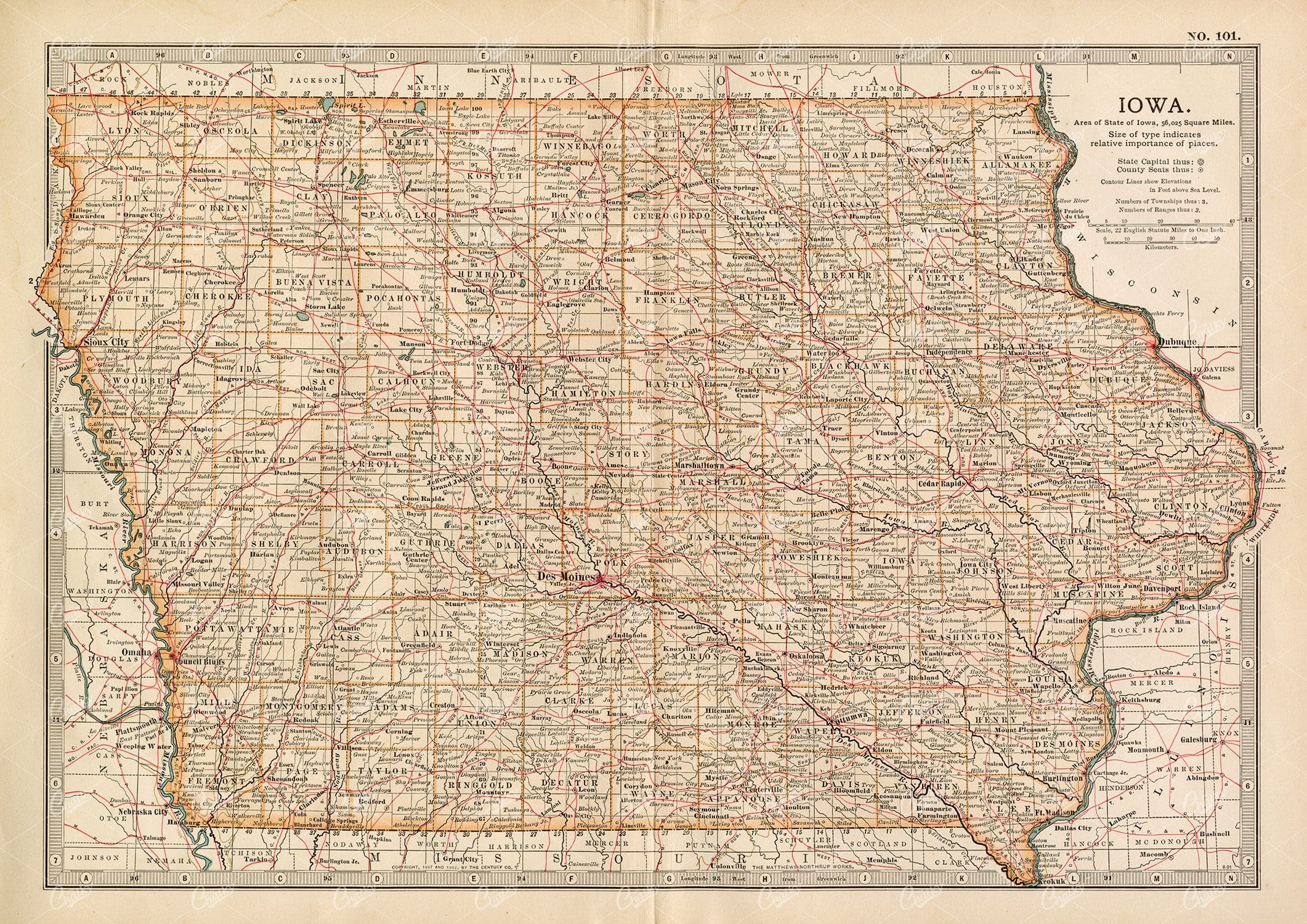VINTAGE Map of Iowa - 1902 Encyclopedia Britannica