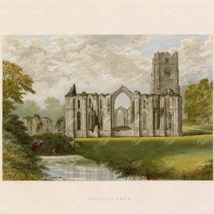1882 Vintage Colour Landscape Print of Fountains Abbey - Great Britain