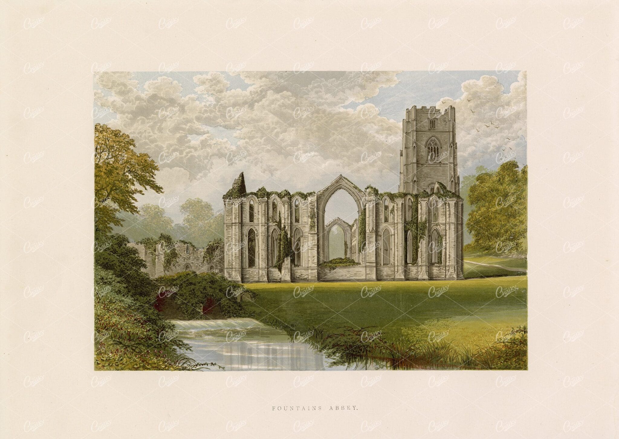1882 Vintage Colour Landscape Print of Fountains Abbey - Great Britain
