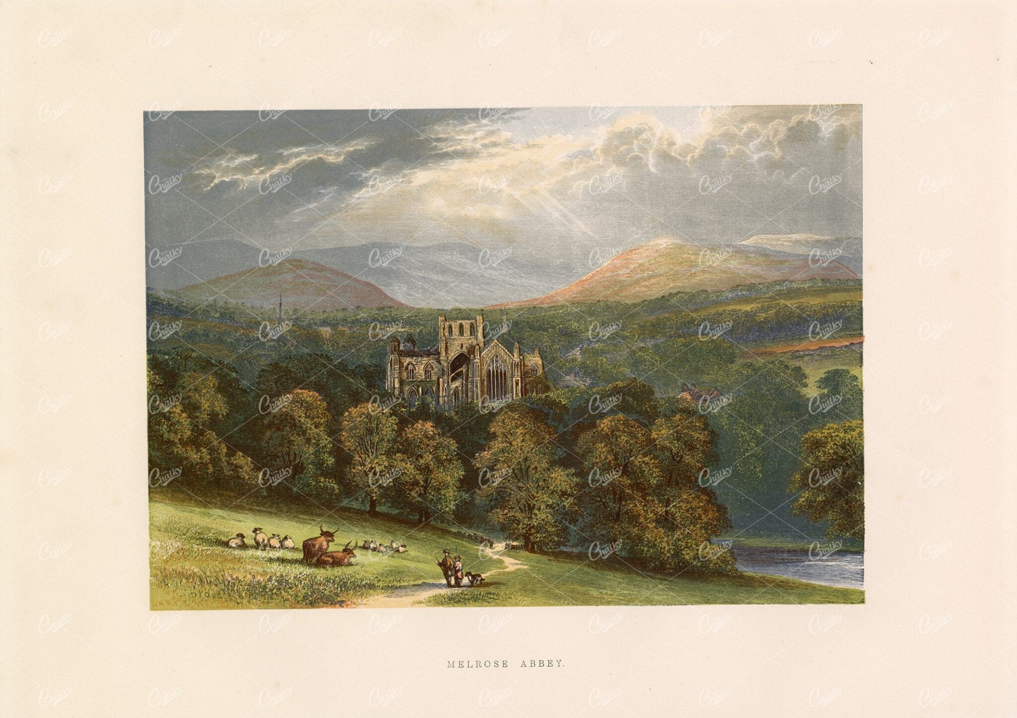 MELROSE ABBEY - Full Colour Antique Landscape Print - 1882