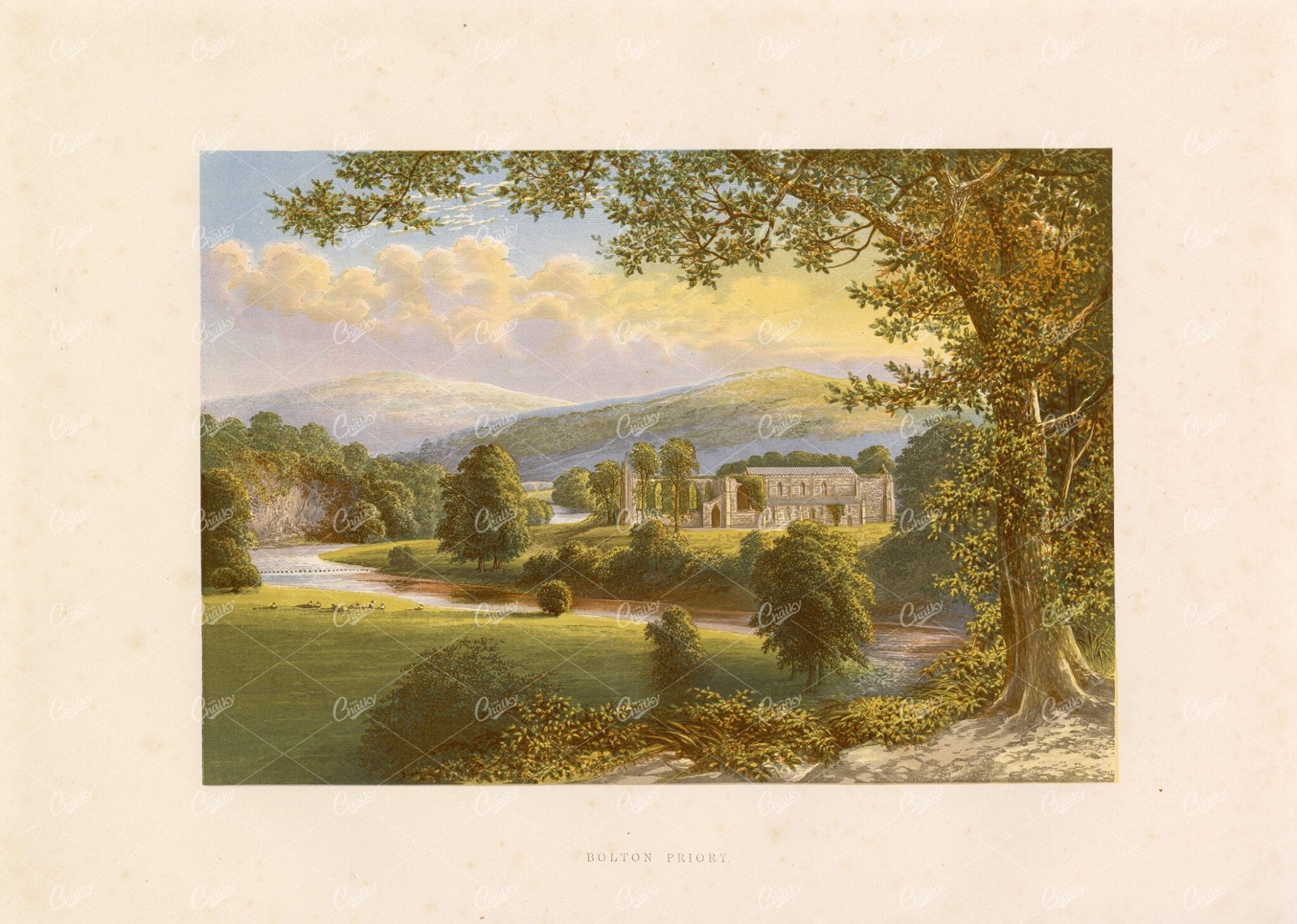 BOLTON Priory - Antique Landscape 1882 Print - Great Britain