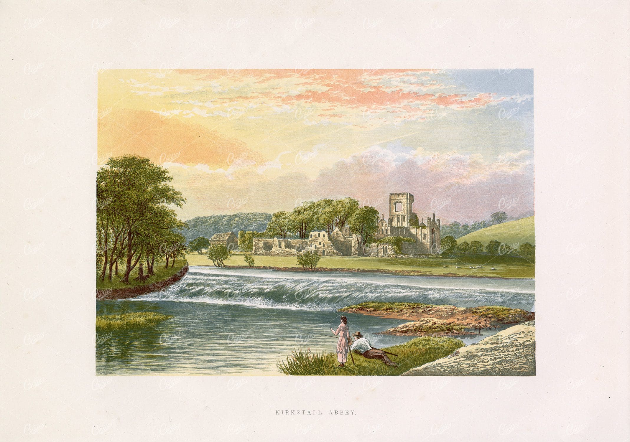 KIRKSTALL Abbey - Antique Landscape Print - 1882 Great Britain