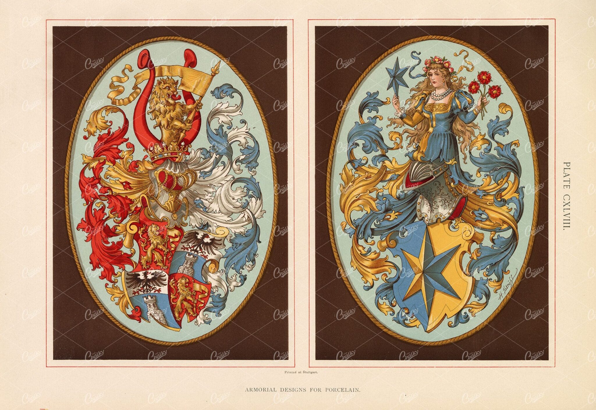 1904 Heraldry Art - Armorial Designs for Porcelain - Antique Colour Print