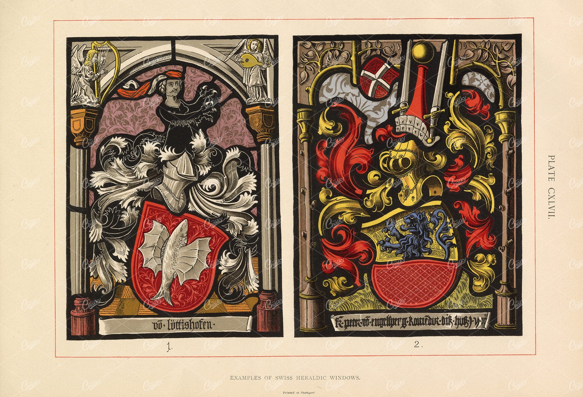 Antique Colour Print of Swiss Heraldic Windows - 1904 Heraldry Artwork