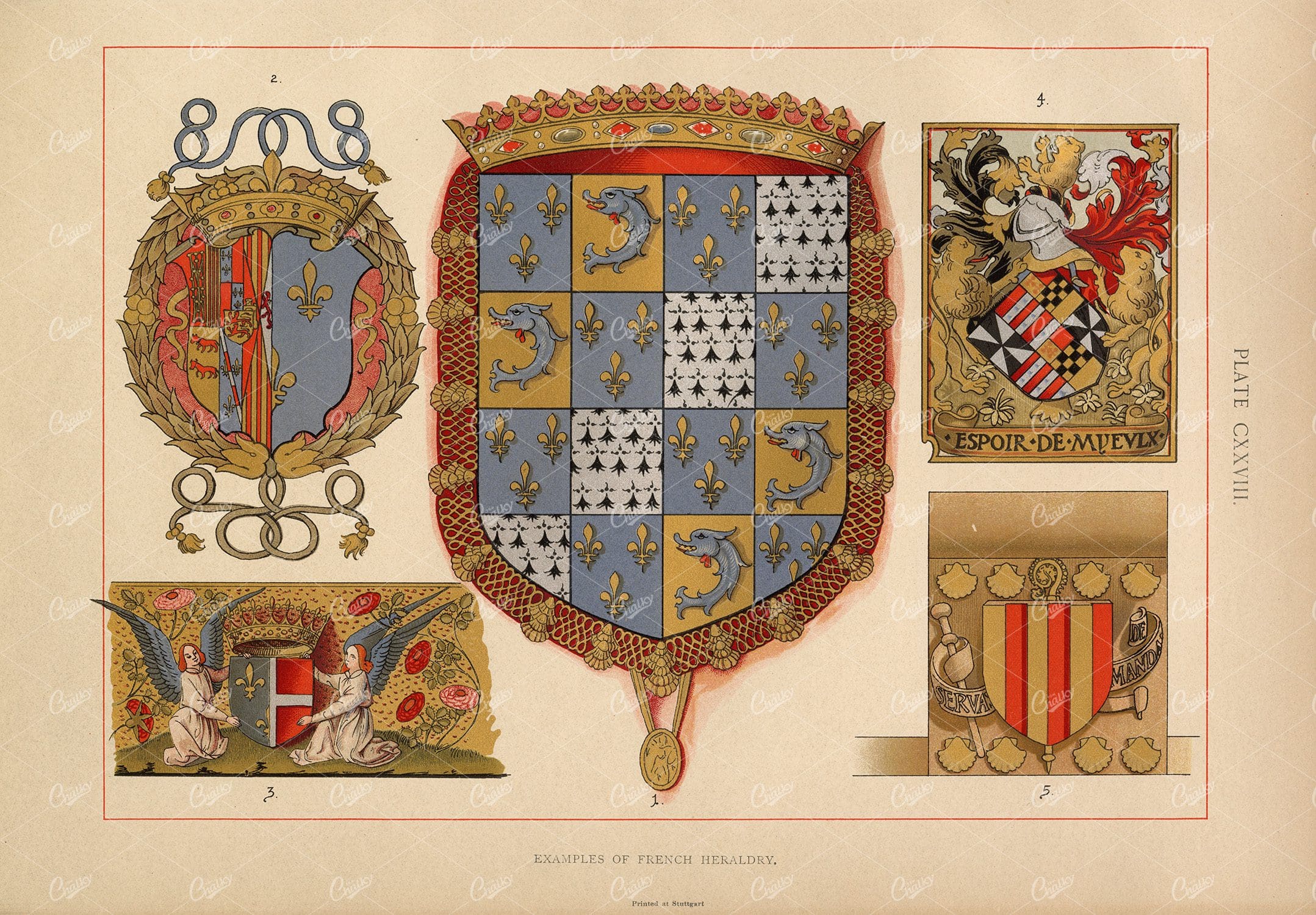 Antique Examples of French Heraldry - 1904 Print