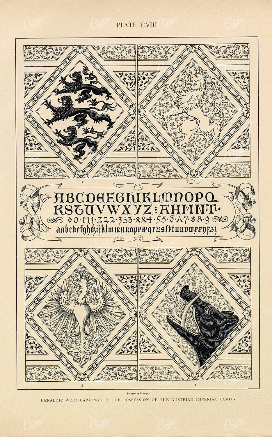 1904 Vintage Heraldry Print - Heraldic Wood-Carving