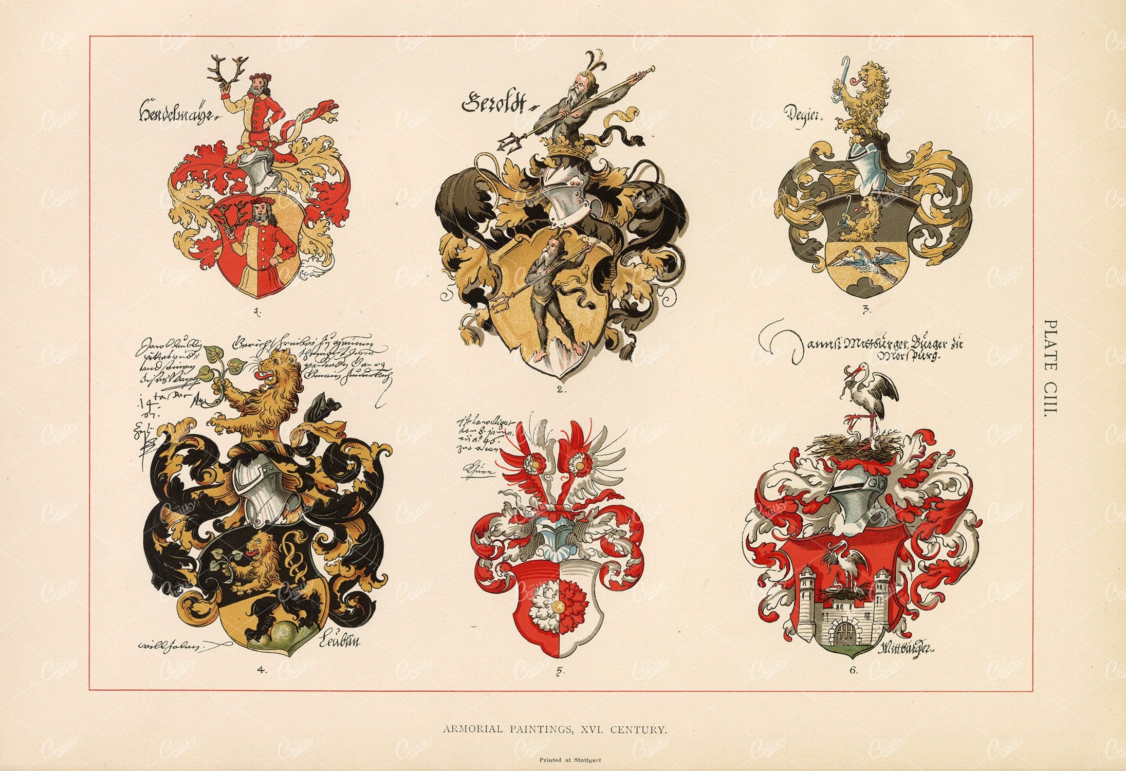 Armorial Paintings, XVI. Century - 1904 Coloured Heraldry Print