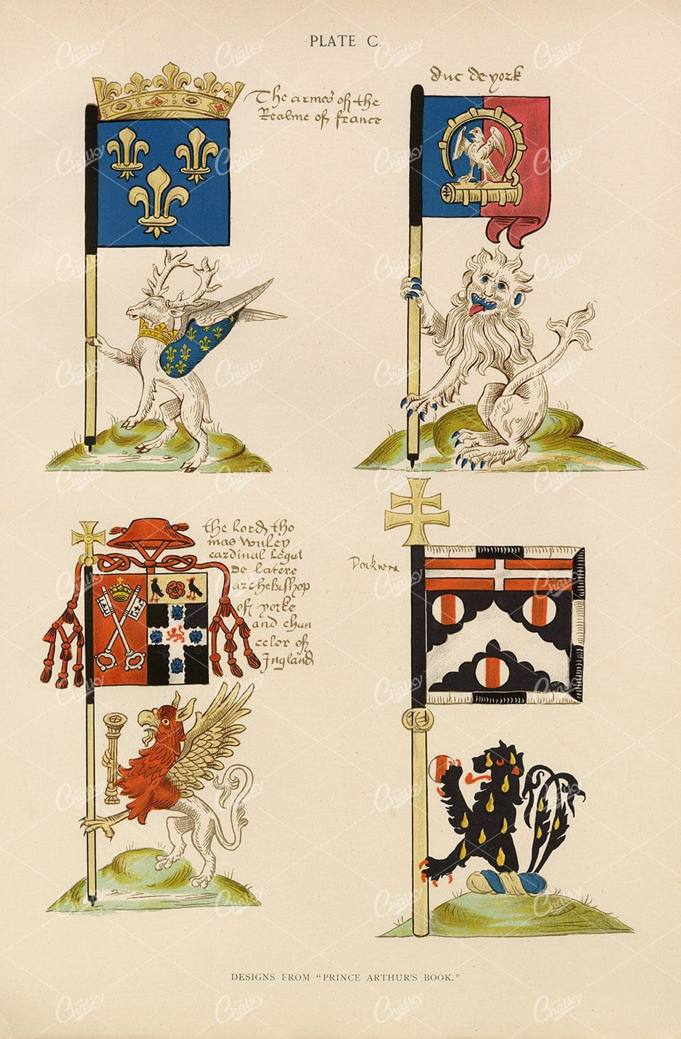 Designs from " Prince Arthur's Book " - 1904 Coloured Heraldry Print