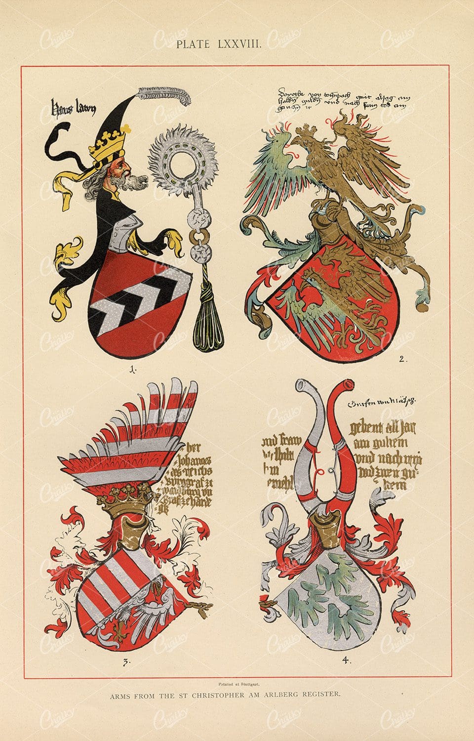 1904 Heraldry Coloured Vintage Print - Examples of Arms