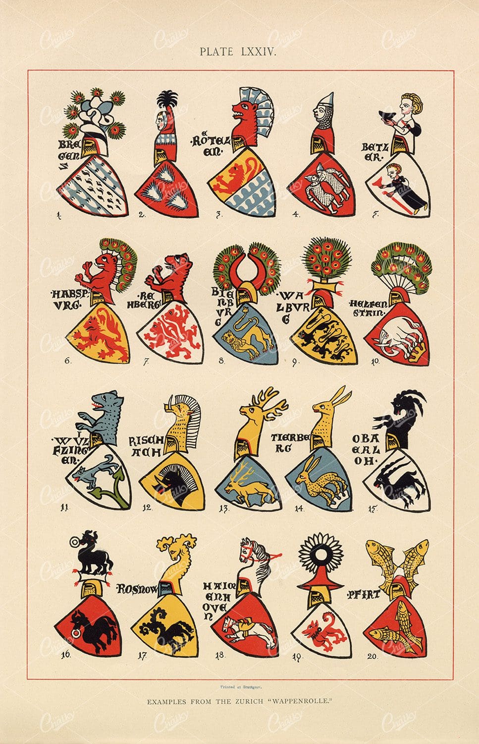 Heraldry Examples - 1904 Coloured Vintage Print