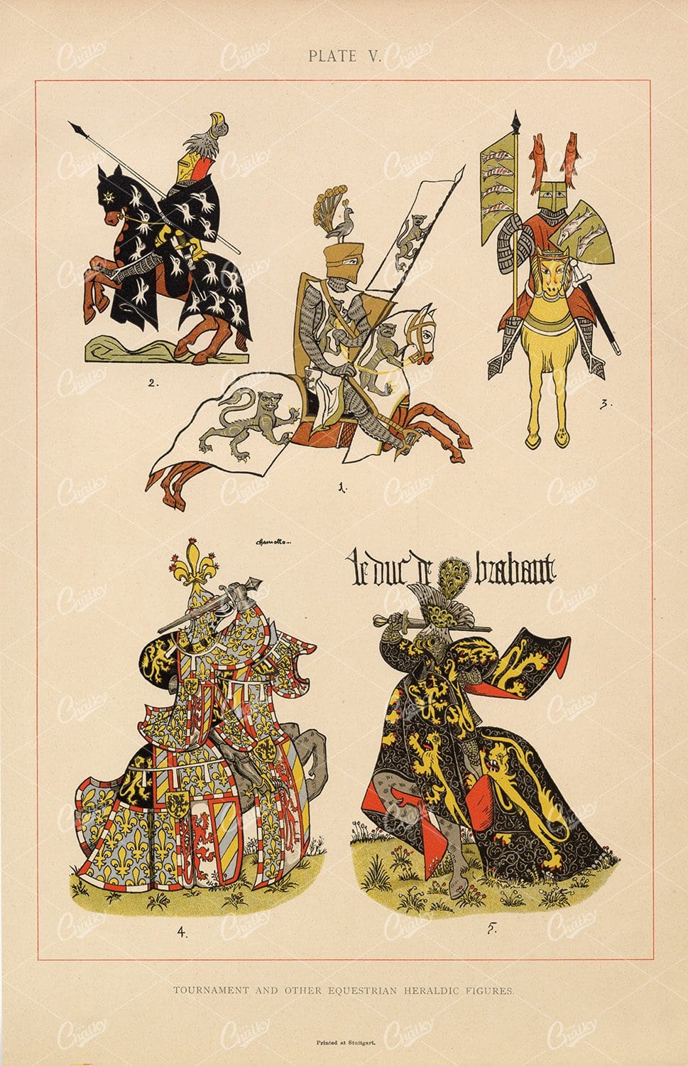 Tournament and other Equestrian Heraldic Figures - Vintage Print