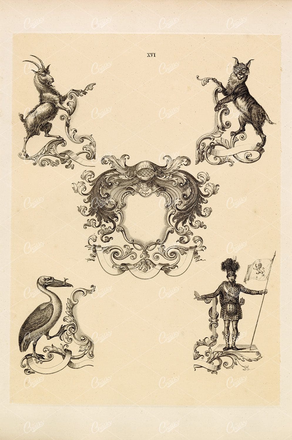 Heraldry Specimen Illustrations -  Goat, Heron, Wild Cat 1910