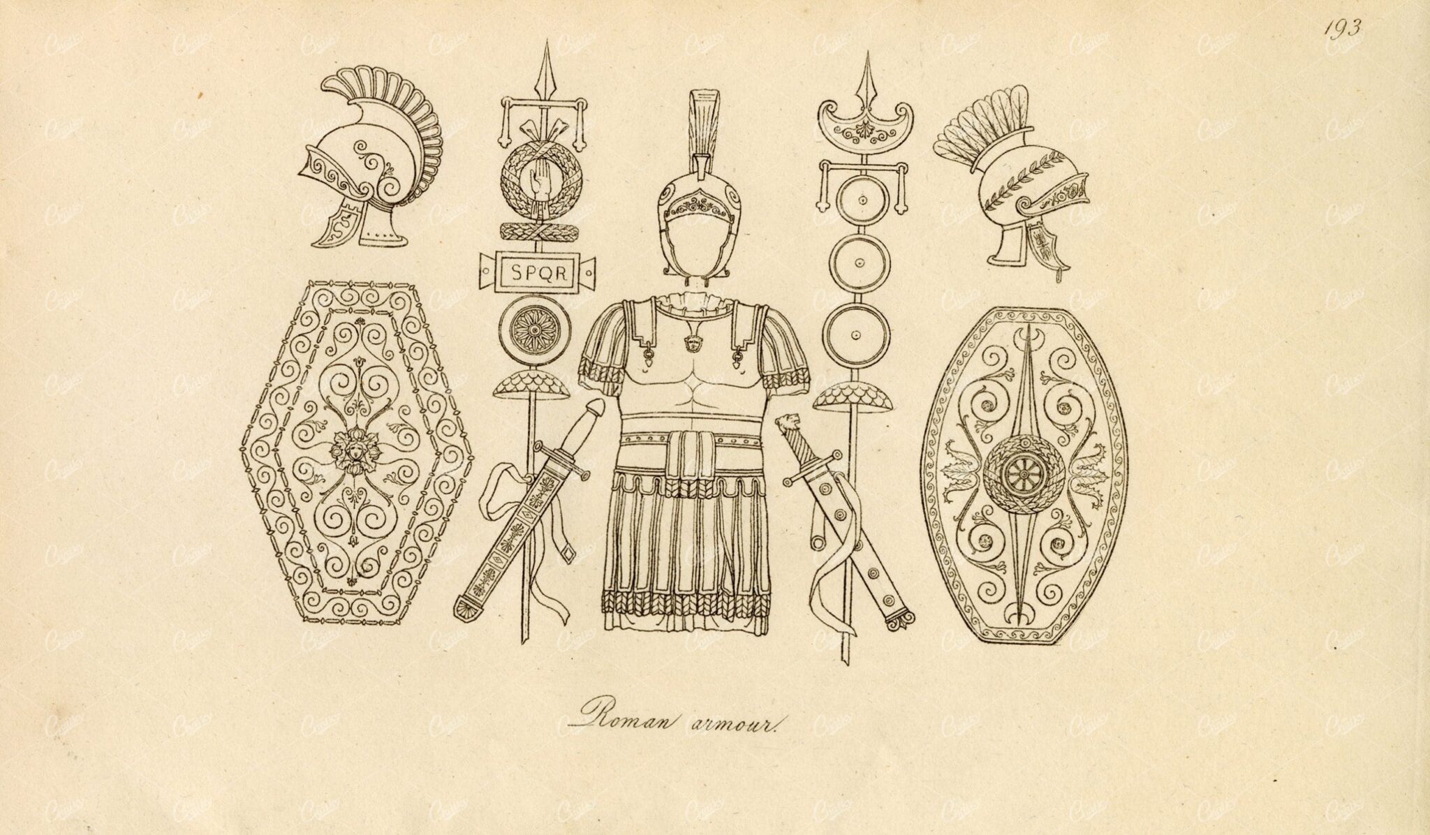 ANCIENT Costume - Roman Armour - Antique Line Art Engraving