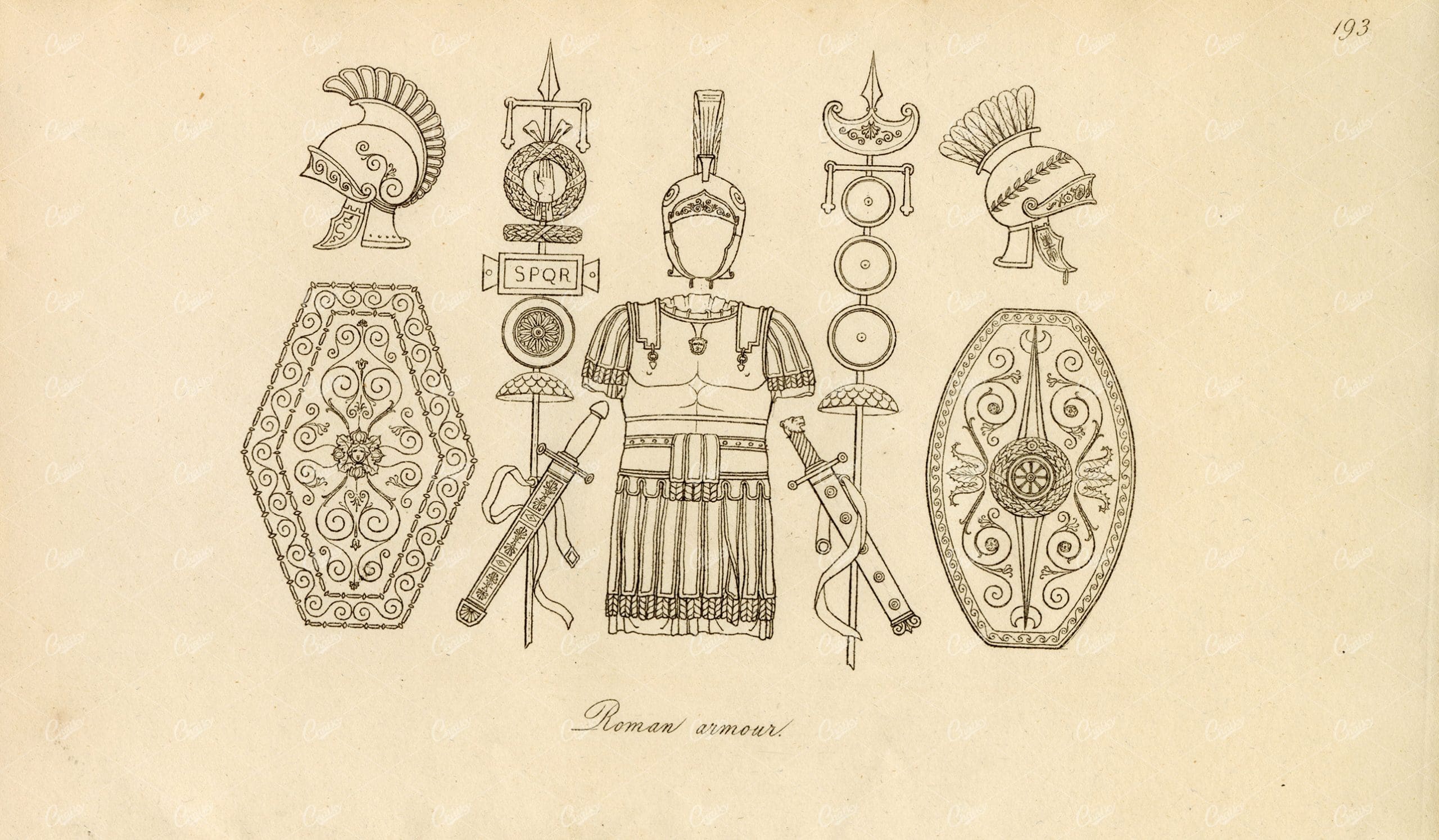 ANCIENT Costume - Roman Armour - Antique Line Art Engraving