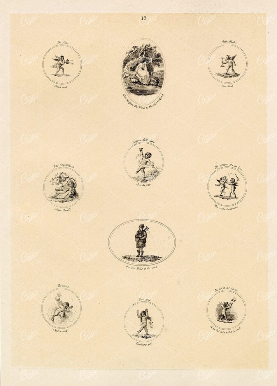 Putti Vignettes And Pastoral Couple In Oval Medallions - Nine Monochrome Scenes Arranged On A Cream Sheet With Captions