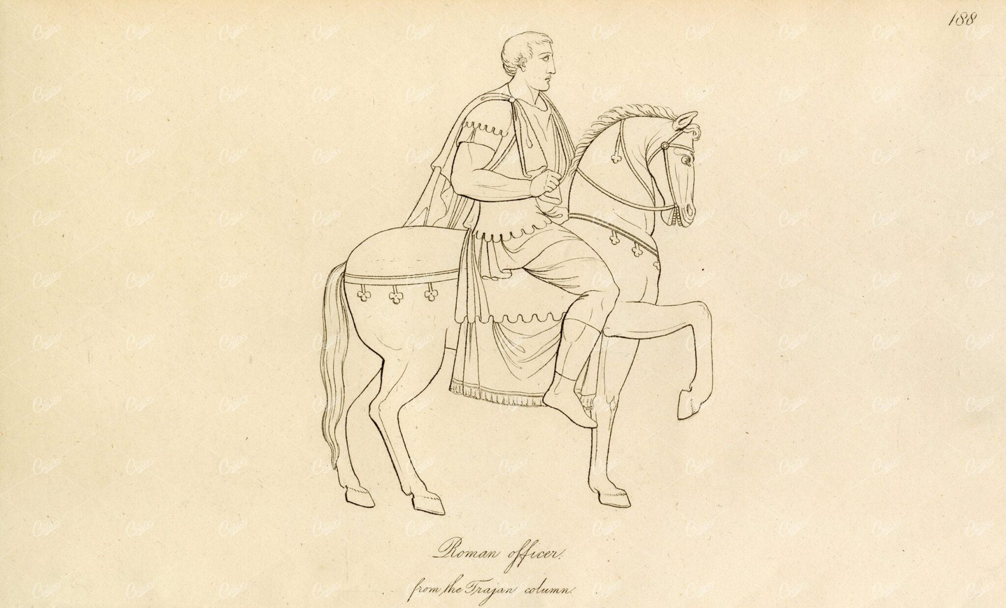 ANCIENT Costume - Roman Officer on Horse - Antique Engraving Print