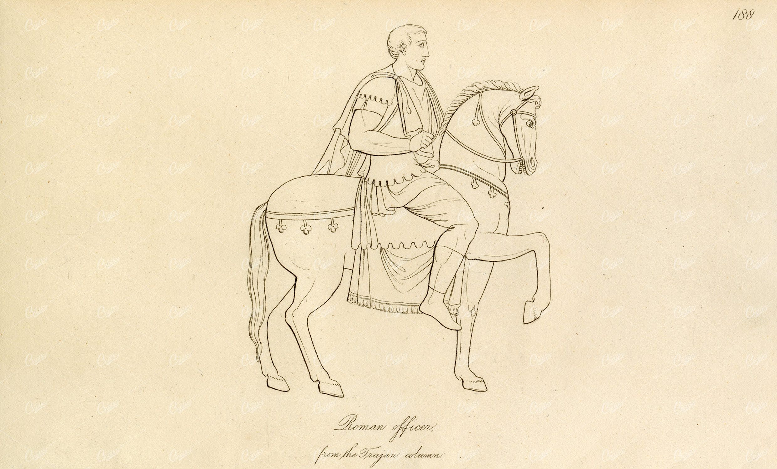 ANCIENT Costume - Roman Officer on Horse - Antique Engraving Print