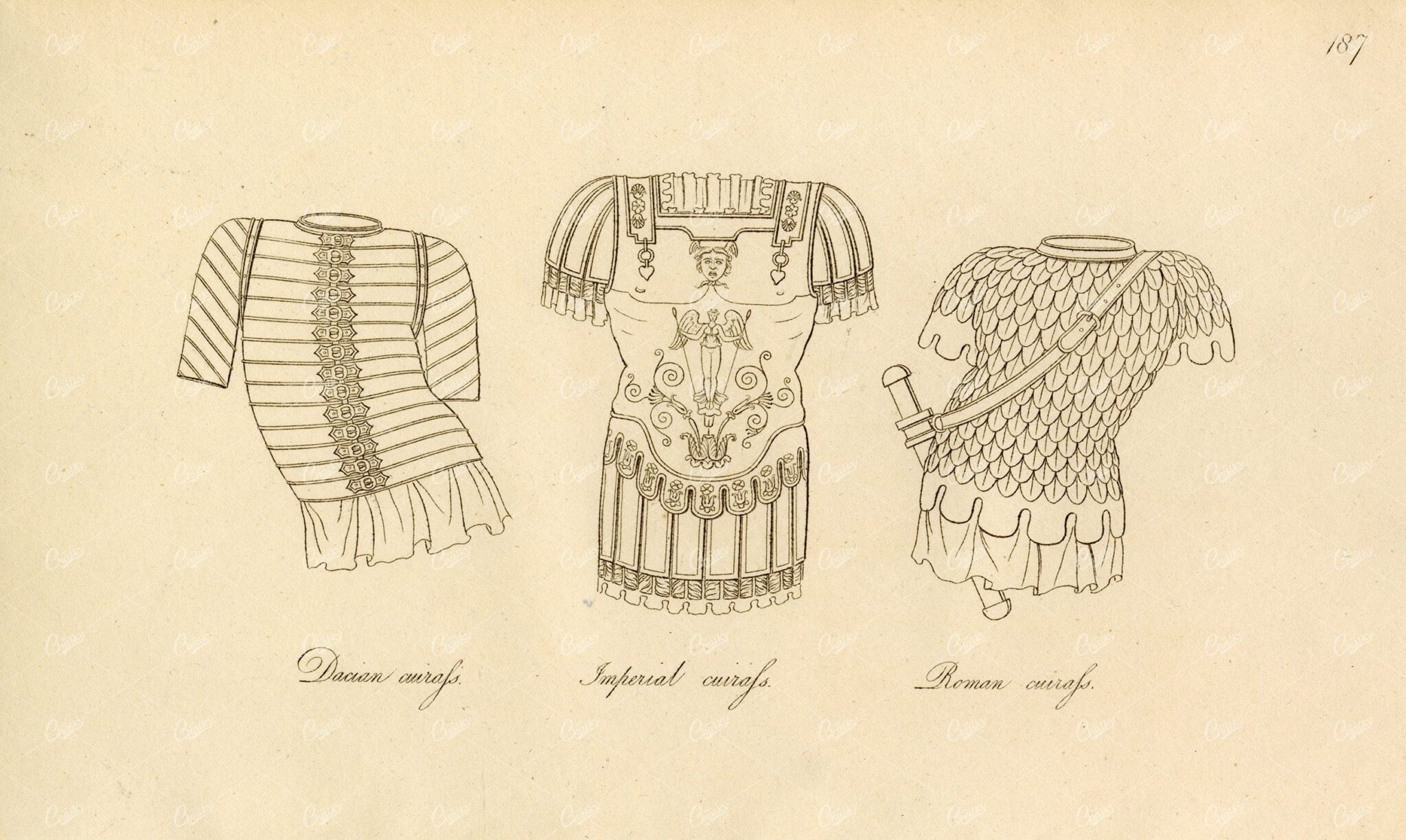 ANTIQUE Ancient Costume Print - Dacian, Imperial and Roman Cuirass'