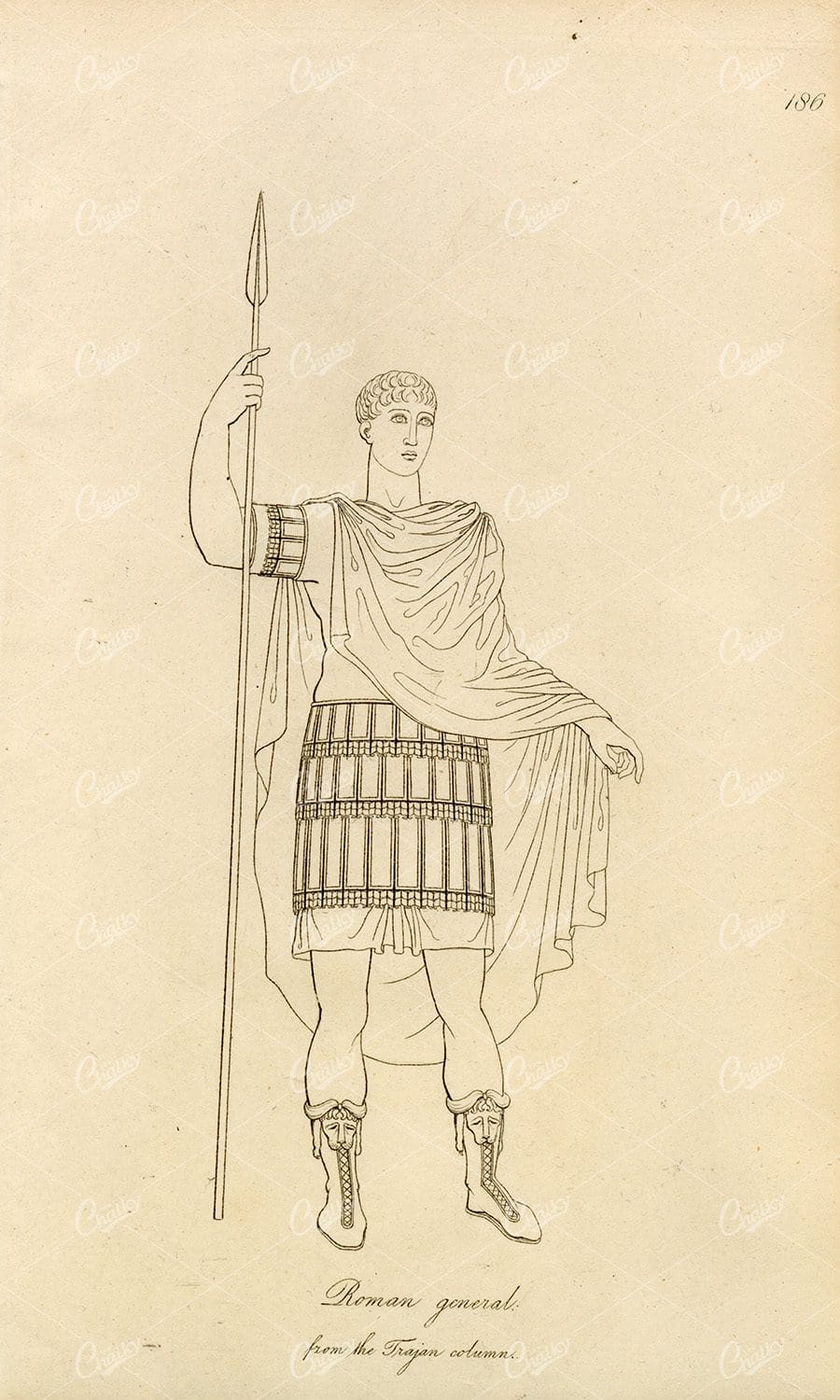 ANTIQUE Ancient Costume Print - Roman General with Weapon