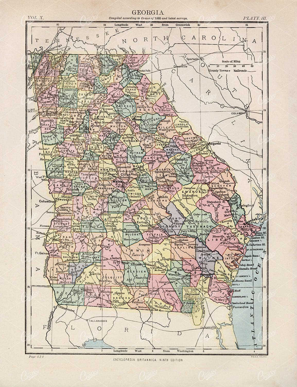 Antique Map of Georgia - Encyclopedia Britannica 1880 Print
