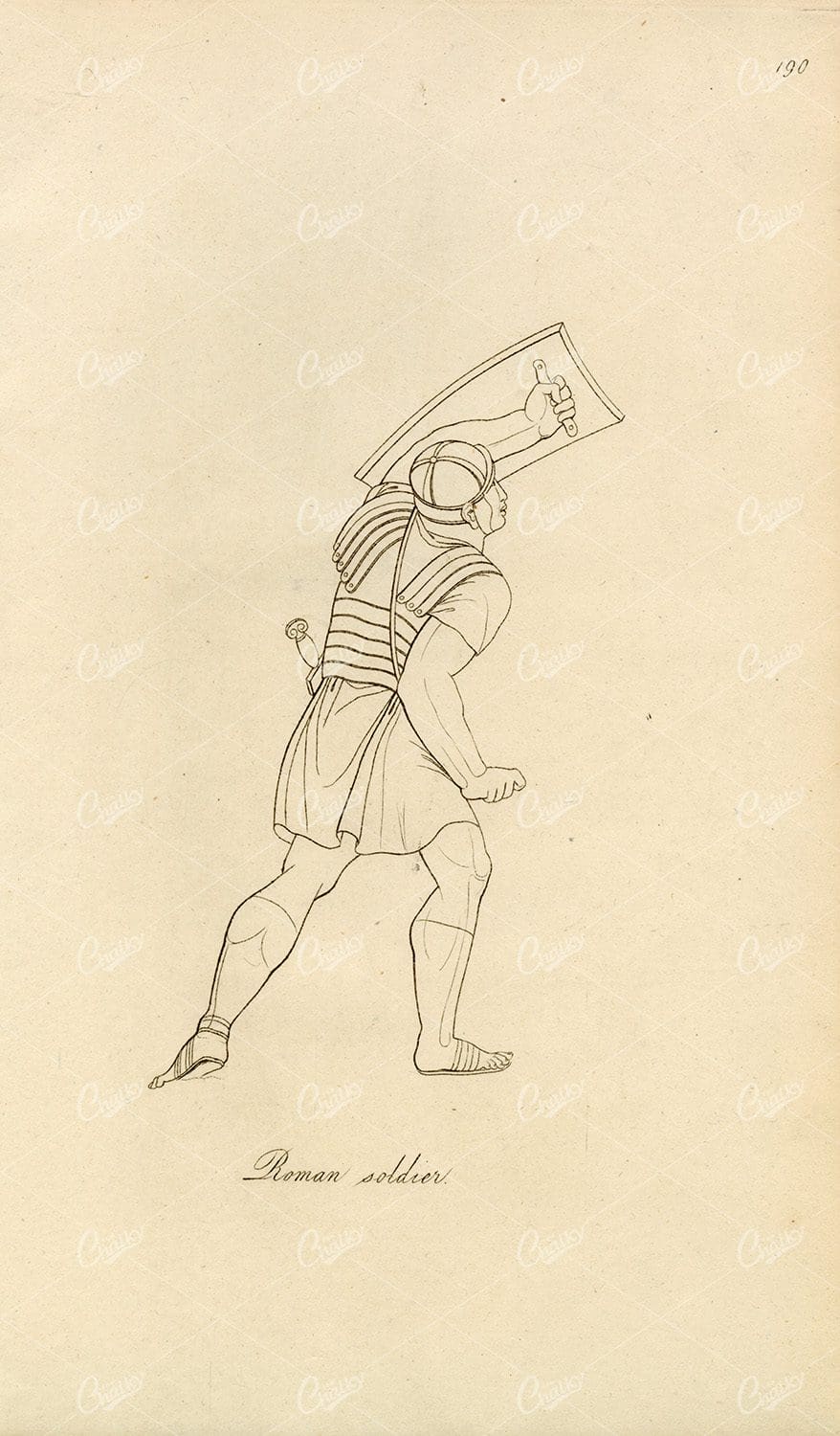 ANTIQUE Ancient Costume Print - Roman Soldier with Shield