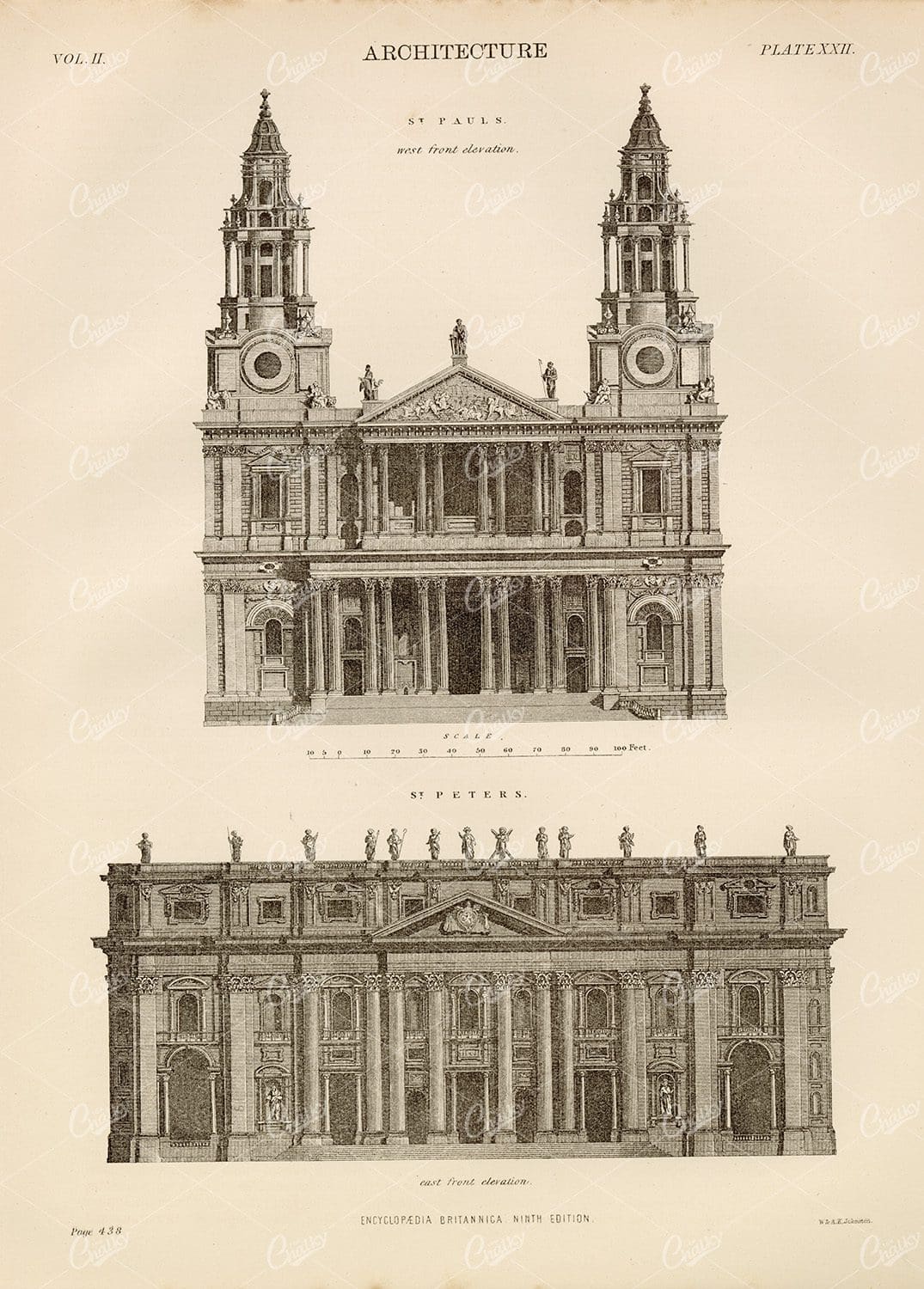 Antique Print of St. Paul's and St. Peters Cathedrals - 1880