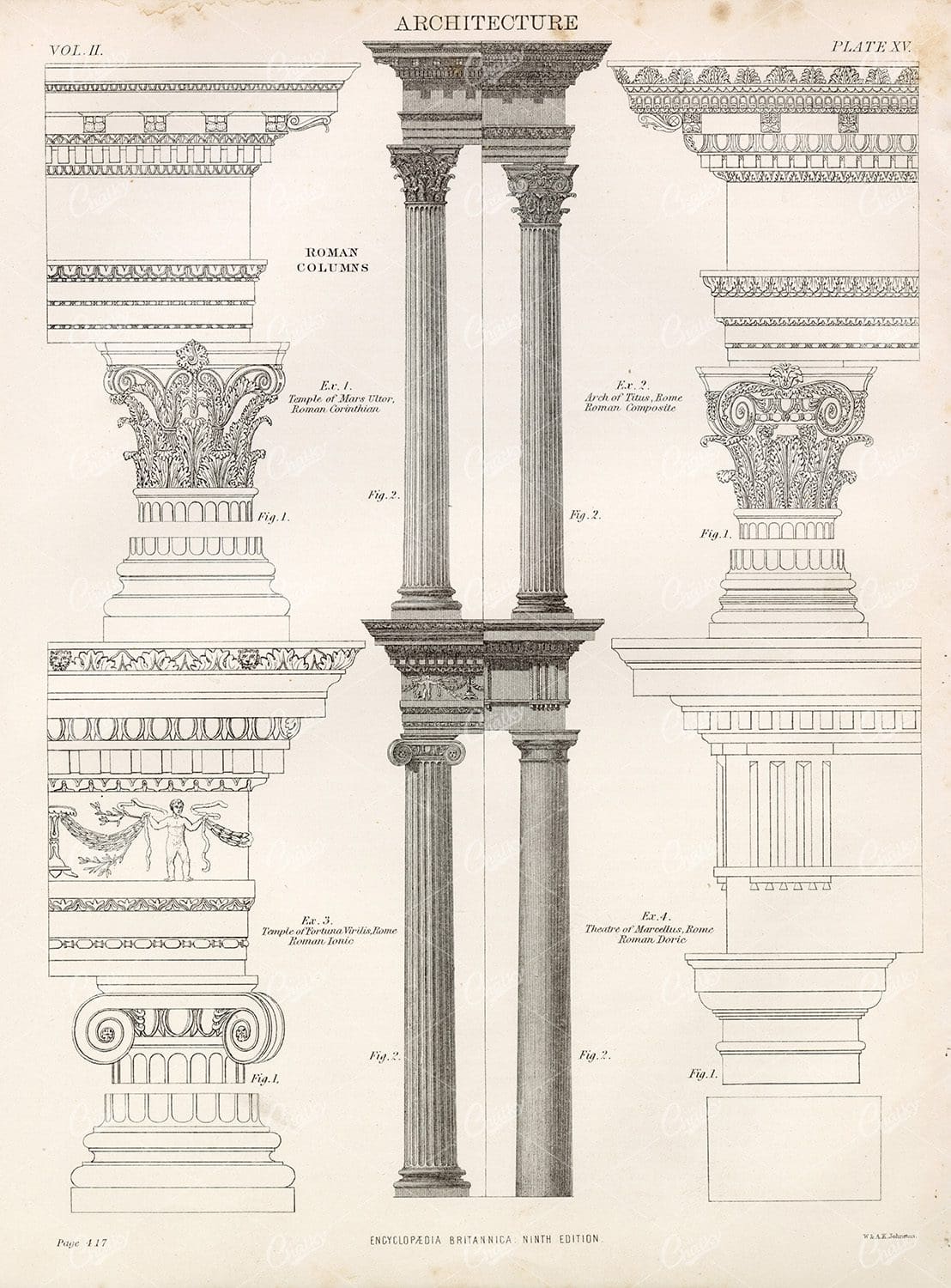 1880 Architecture Print - Various Roman Columns