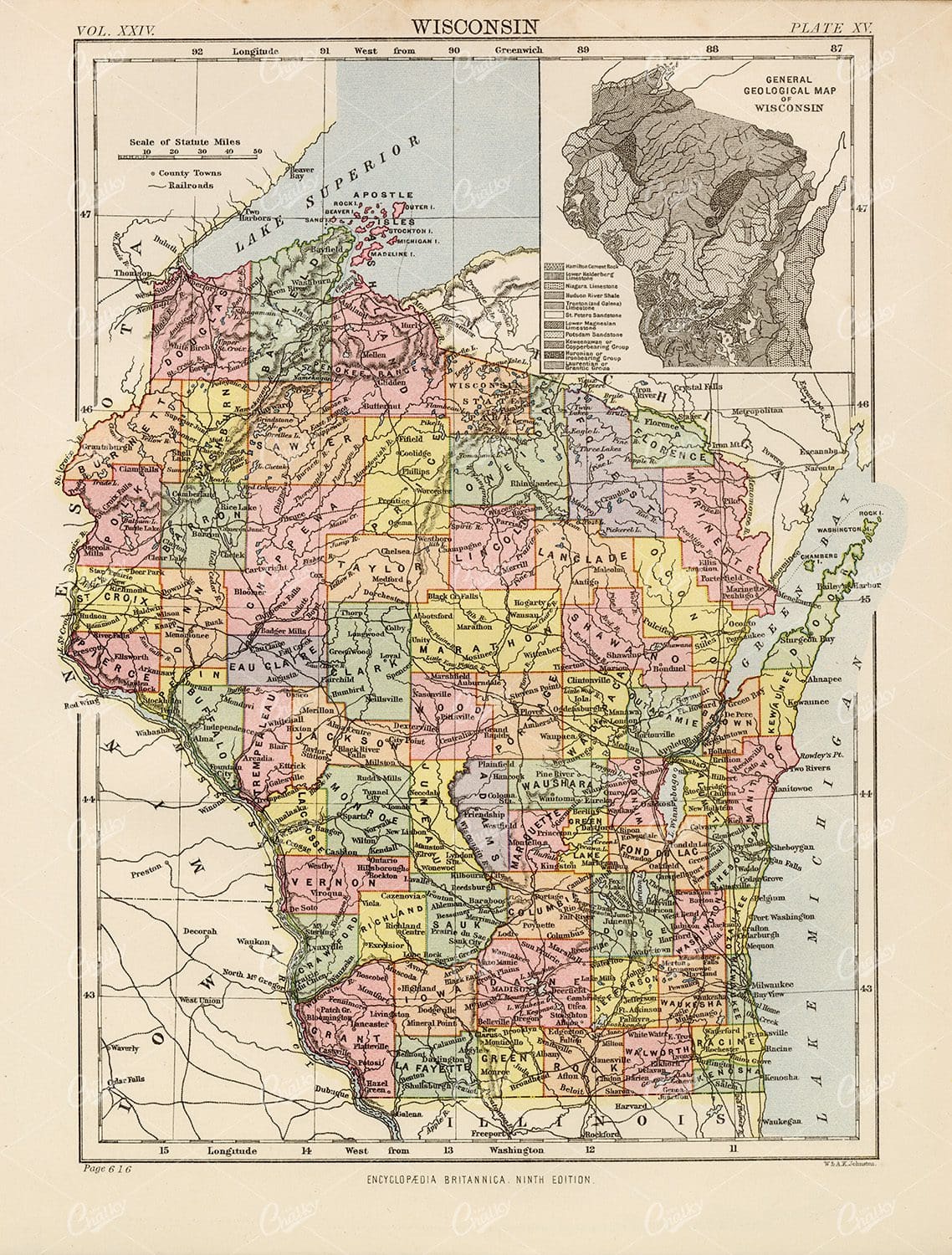 Antique Map of Wisconsin - Encyclopedia Britannica 1880