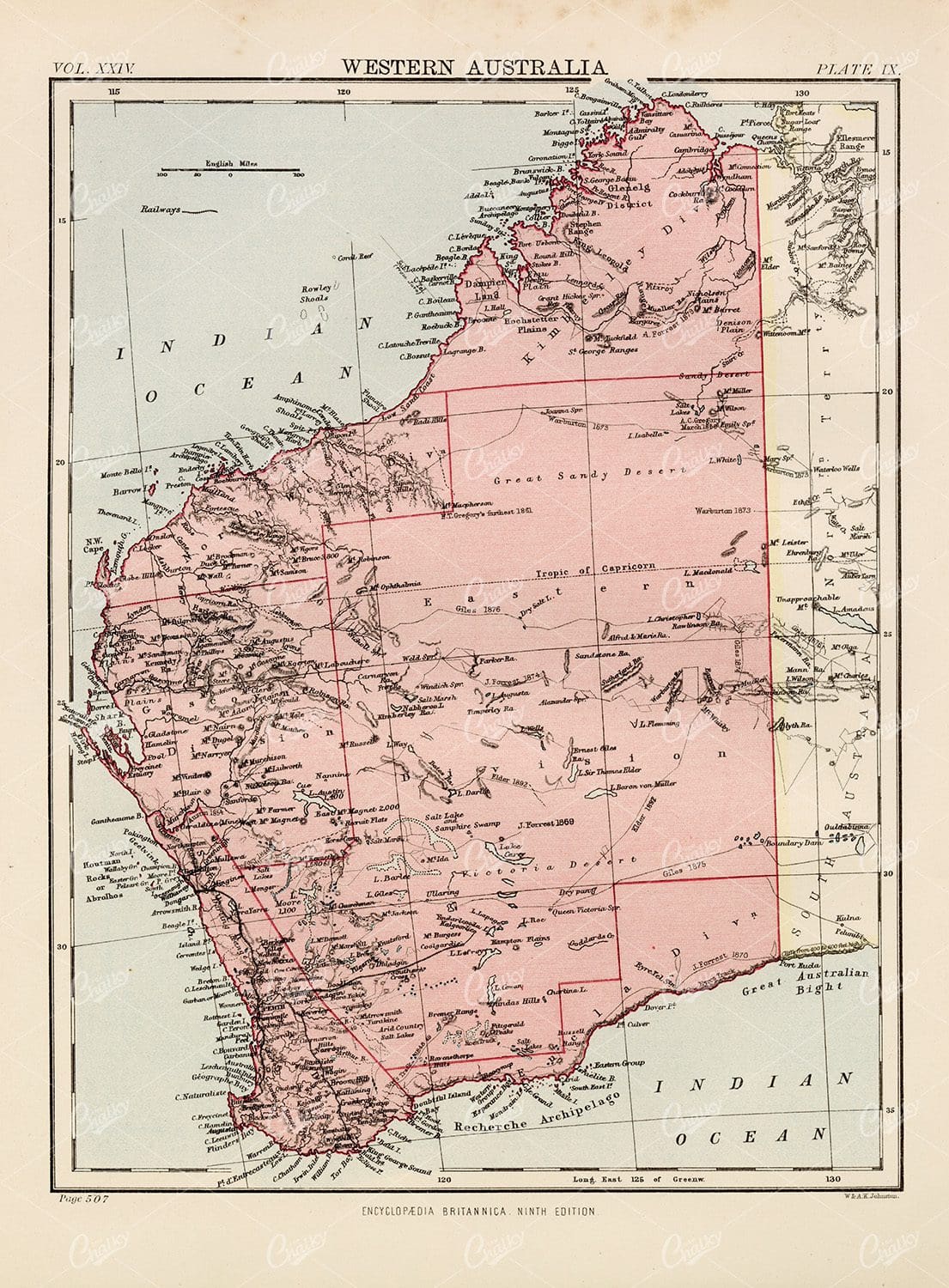 Antique Map of Western Australia - Encyclopedia Britannica 1880