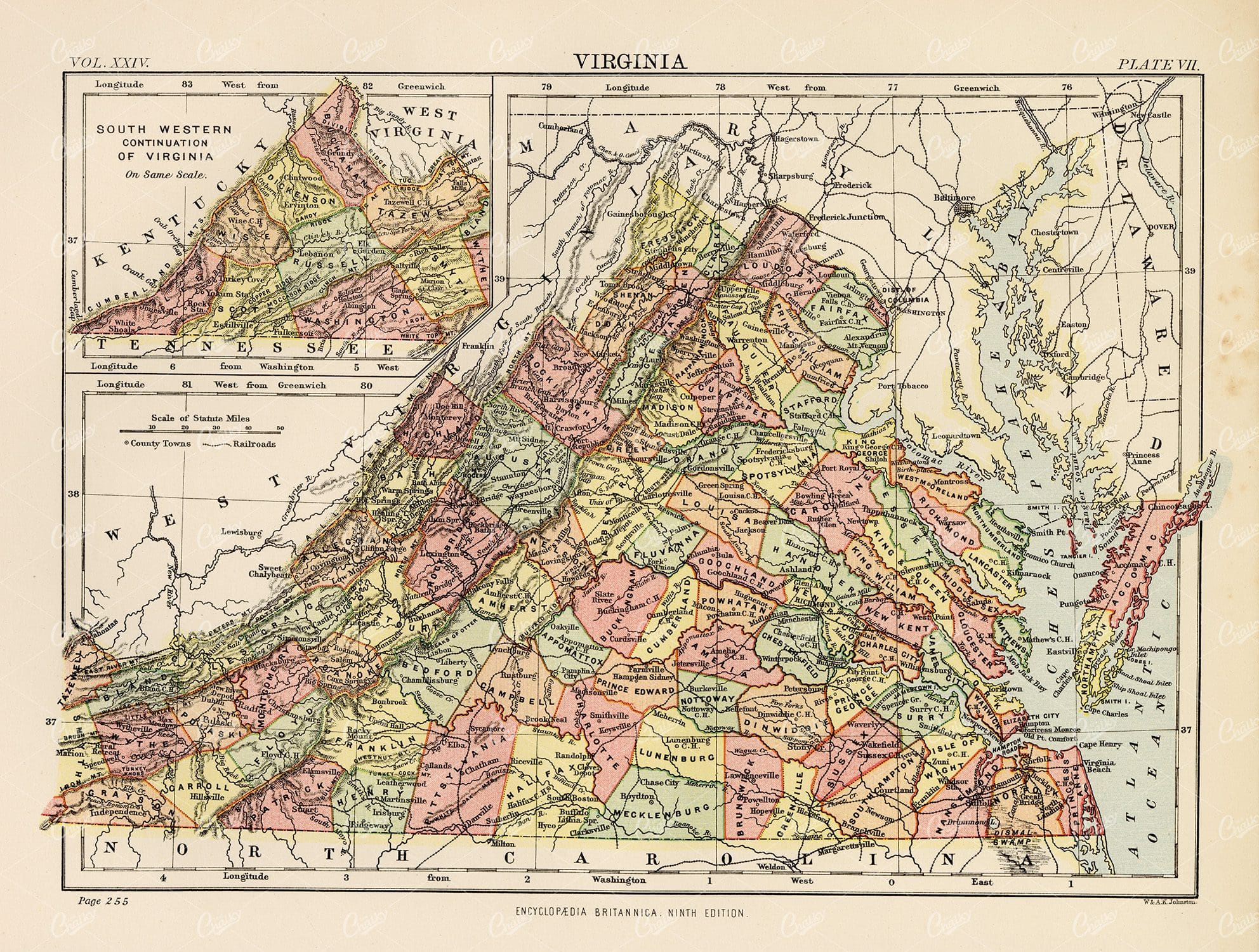 Vintage Map of Virginia, North Carolina - 1880 Antique Print