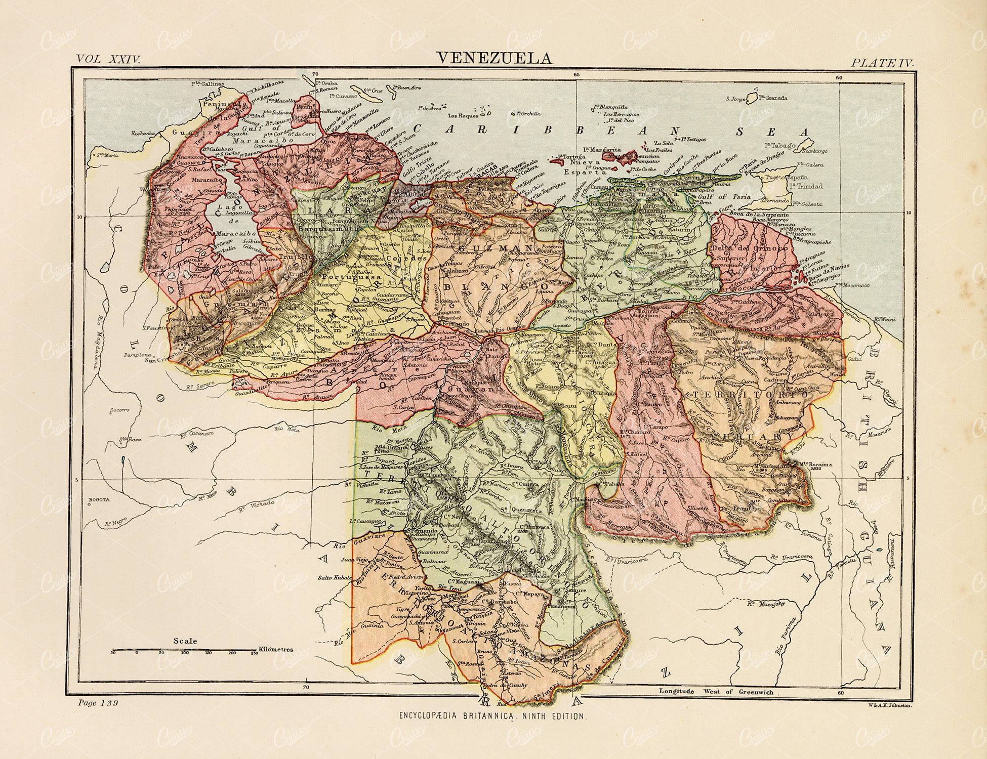 Antique Map of Venezuela - Encyclopedia Britannica 1880