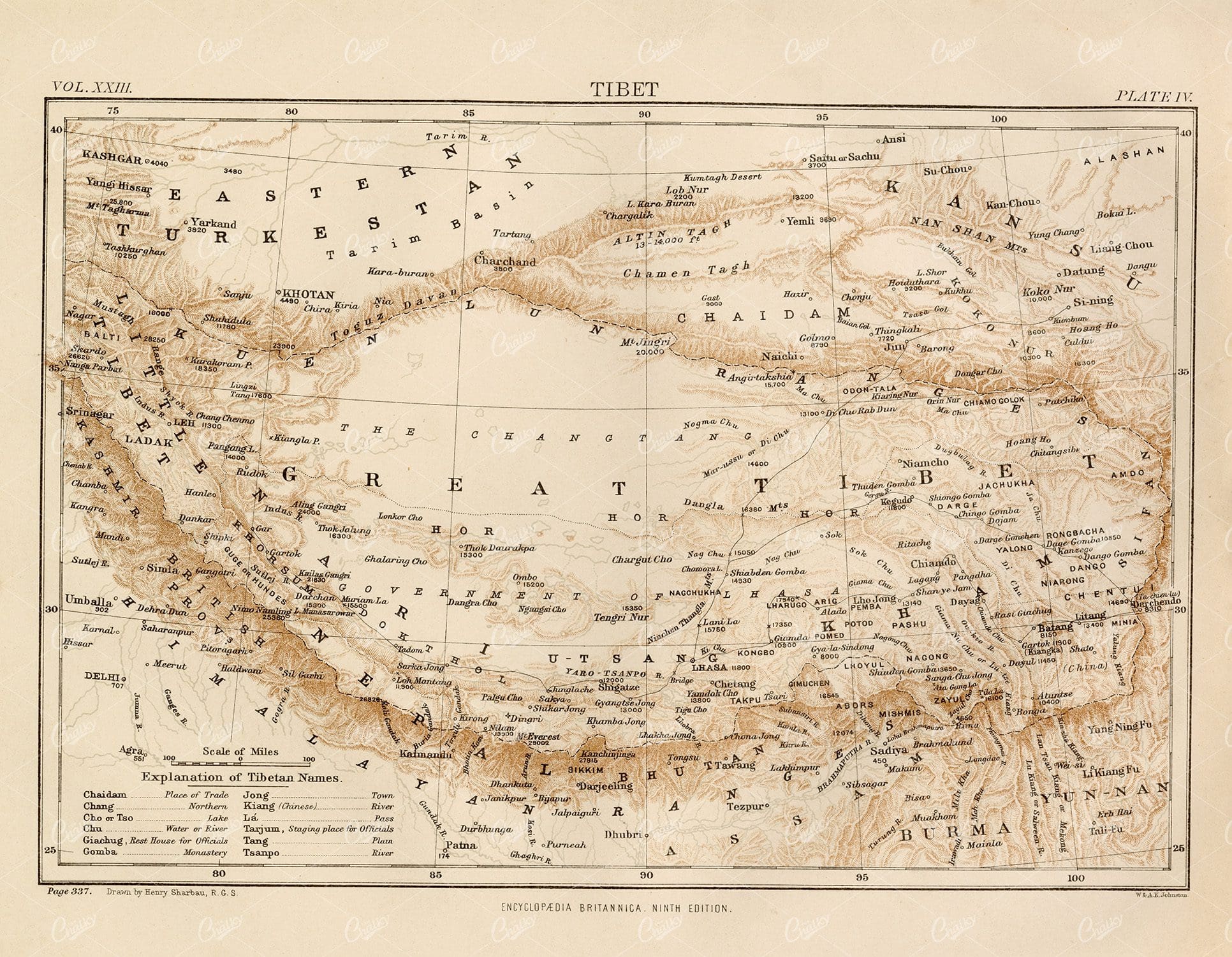 Antique Map of Tibet - Encyclopedia Britannica 1880