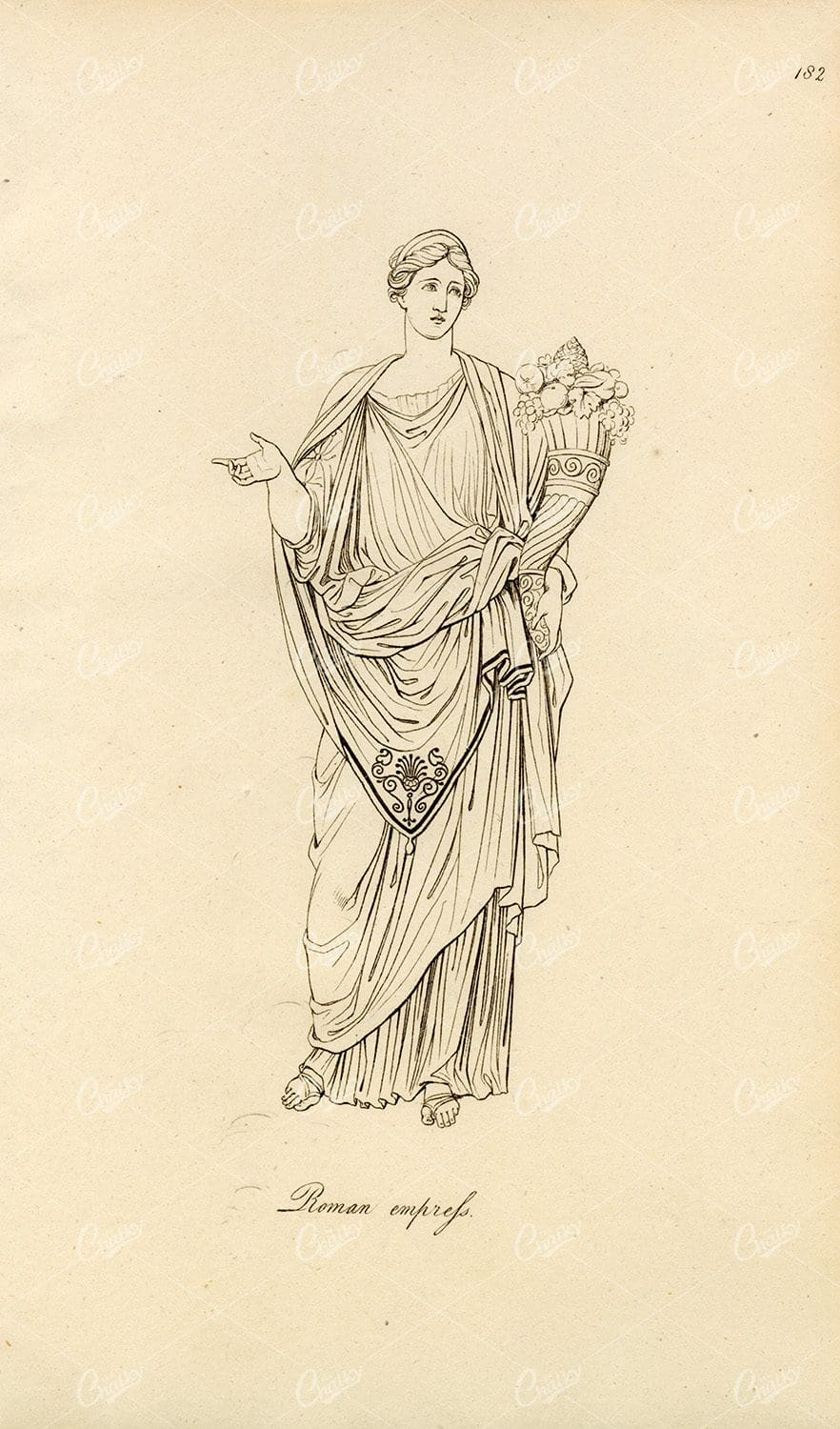 ANTIQUE Ancient Costume Print - Roman Empress with Flowers