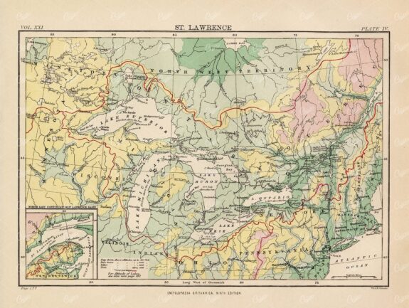 Vintage Map of St Lawrence - 1880 Encyclopedia Britannica