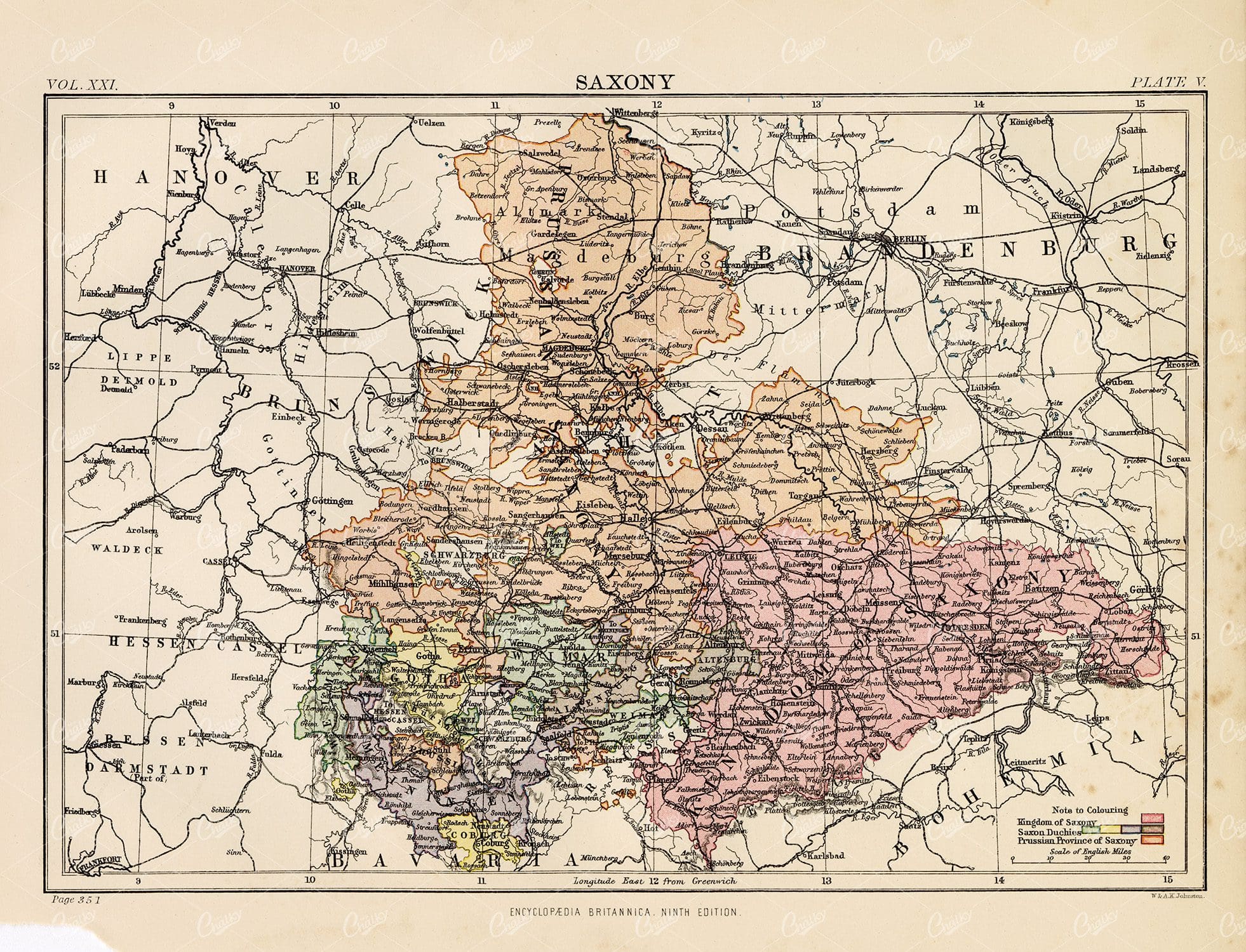 Vintage Map of Saxony - 1880 Encyclopedia Britannica