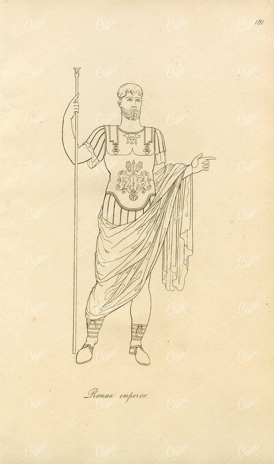 ANTIQUE Ancient Costume Print - Emperor with Armor and Staff
