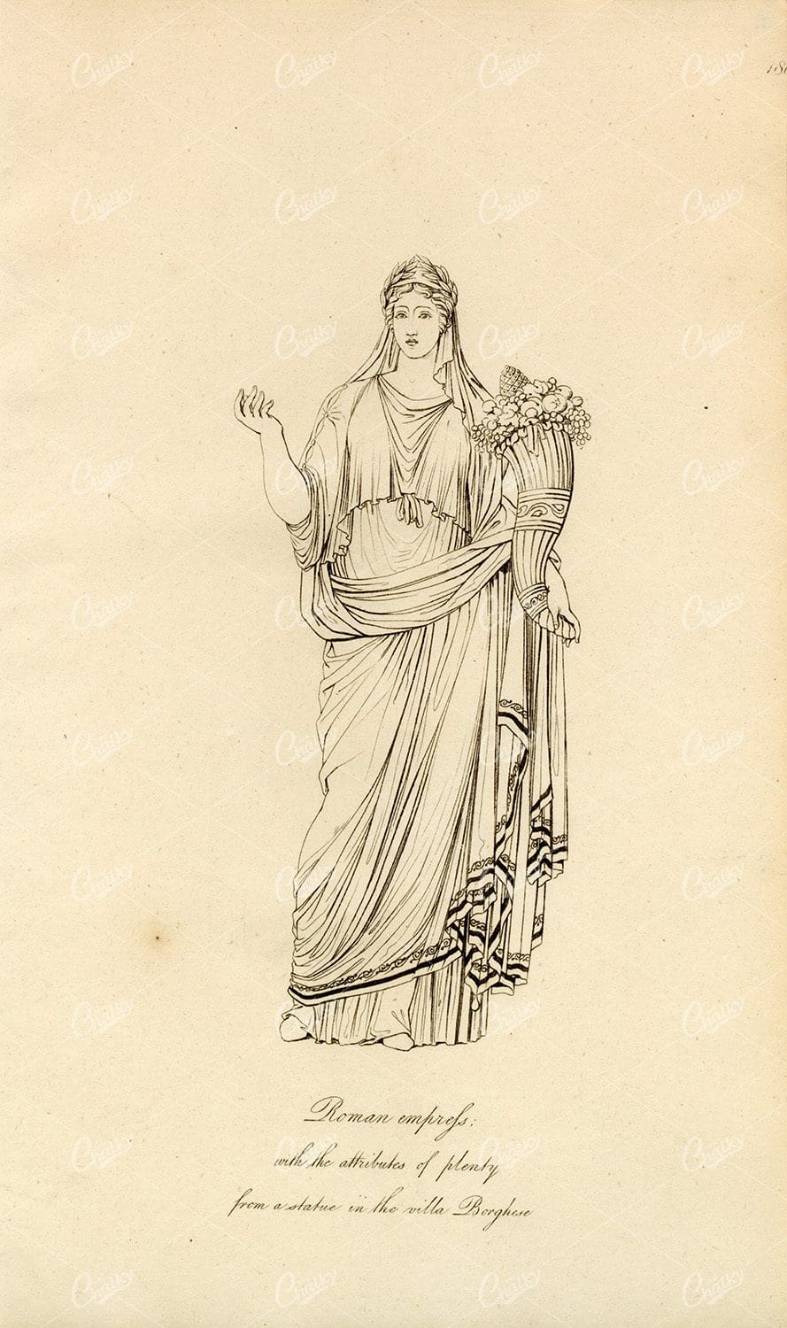ANTIQUE Ancient Costume Print - Roman Empress with Flowers