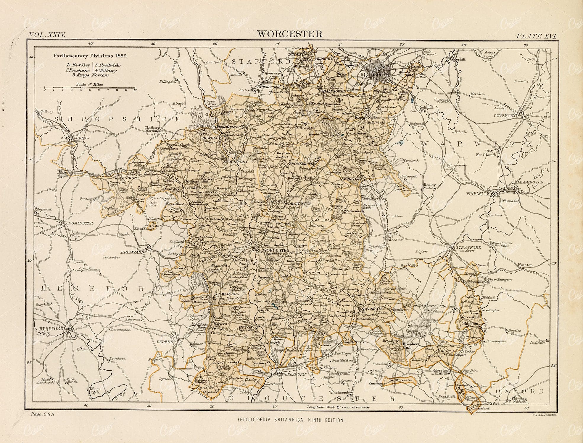 Antique Map of Worcester - 1880 Encyclopedia Britannica